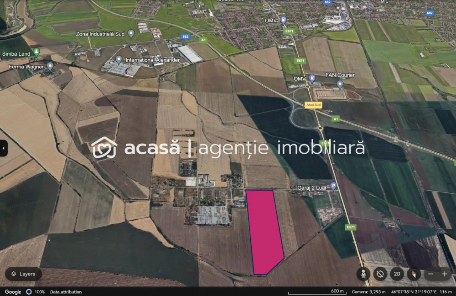 Teren cu PUZ ideal pentru parc logistic și de servicii - Oferim spre vânzare un teren excepțional, perfect pentru dezvoltarea unui parc logistic sau industrial, situat strategic în Arad, la coborârea/urcarea de pe Autostrada A1, Arad-Sud.

Detalii Teren:
Suprafață: 18 hectare
Front stradal: 230 metri
PUZ inclus: Prețul include obținerea PUZ-ului conform specificațiilor și nevoilor clientului, asigurând o dezvoltare sigură, rapidă și eficientă.

Localizare și Accesibilitate:
Terenul este situat strategic la coborârea/urcarea de pe Autostrada A1, Arad-Sud, facilitând accesul rapid și eficient pentru logistică și transport.
Aradul, fiind oraș de graniță cu Europa de Vest, oferă un avantaj strategic pentru operațiuni comerciale internaționale.

Vecinătăți și Facilități:
Parcuri industriale și logistice de renume: VGP PARK, CTP PARK, Parc Industrial Sud Arad
Firme și facilități: Internațional Alexander, Luar, OMV

Această locație strategică, combinată cu infrastructura existentă și accesul facil la rețelele de transport, face din acest teren o oportunitate ideală pentru investitori interesați de dezvoltarea unui parc logistic modern și eficient.

Contact:
0721356746 Florin Moș // Consultant imobiliar

Nu ratați șansa de a investi într-o locație cu potențial maxim de creștere și dezvoltare logistică!