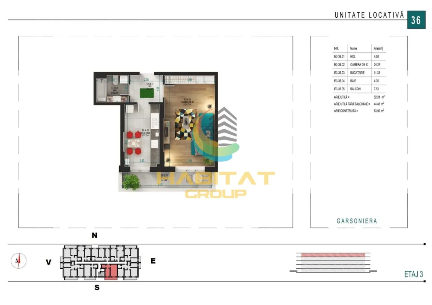 Pallady Garsoniera decomandata 52 mp ACTE GATA MUTARE RAPIDA - Habitat Grup Imobiliare va ofera spre vanzare o garsoniera decomandata cu o suprafata utila totala de 52,01 mp la pretul promotional de : 
- 81.812 Euro TVA inclus pentru plata unui avans de 90% la antecontract 
- 84.958 Euro TVA inclus pentru plata unui avans de 50% la antecontract 
- 88.105 Eur TVA inclus pentru plata unui avans de 15% la antecontract.

Avem ACTE GATA ( cadastru , intabulare , certificat energetic).

Garsoniera decomandata are suprafata utila generoasa de 44,48 mp + balcon cu suprafata de 7,53 mp , situata la etajul 3 al unui bloc D+P+3 etaje si prevazut cu lift. Pe palier sunt prevazute doar 9 apartamente.

In imediata vecinatate regasim magazine, scoli, gradinite, spital, precum si mijloace de transport in comun.

Garsonierele dispun de finisaje de calitate inclusiv încălzire în pardoseală, wc încastrat și uși interioare de calitate superioară. 

Garsoniera este echipata si utilata cu gresie, faianta, parchet, usi interior si cea de exterior securizata, geamuri termopan , centrala proprie in condensatie de 24 kw cu incalzire in pardoseala , baia echipata si utilata. 

Garsoniera va fi predata la cheie bransata la toate utilitatile Enel, Engie si Apanova.

Fiecare detaliu este gândit pentru a-ți oferi confort maxim, cu soluții inteligente pentru depozitare și organizare eficientă a spațiului astfel incat sa-ti creezi un camin ideal.

Situat într-o zonă liniștită, acest ansamblu rezidențial este aproape de facilități urbane, dar oferă liniștea de care ai nevoie. 

Nu rata ocazia de a locui într-un loc unic, perfect adaptat nevoilor tale. 

Separat se poate achizitiona loc parcare subteran la pretul de 7.500 Eur fara TVA sau loc parcare suprateran la pretul de 5.500 Eur fara TVA.

Oferim asistenta gratuita in vederea intocmirii dosarului de creditare. 

Comision 0%.

Poze reale din garsoniera.

Locatie birou vanzari dezvoltator : strada Postasului nr.29 , Sector 3

Waze: Habitat Group Estate

Oferta noastra completa din sectorul 3 o gasiti aici : https://palladyparkresidence.ro/

Program vizionari: Luni - Vineri : 10:00 - 18:00 si Sambata : 10:00 - 14:00

Recomand vizionare Bogdan Mavrogheorghe telefon programari 0730.115.450.