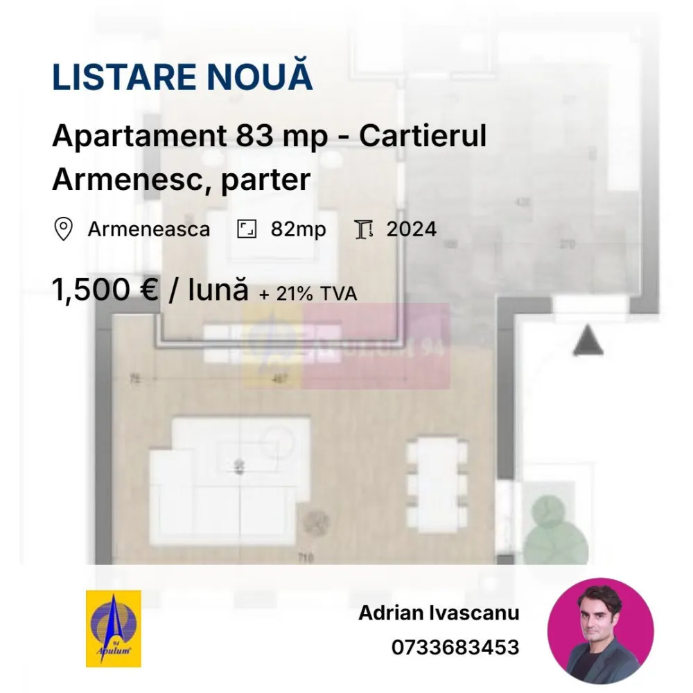 Apartament imobil NOU - Cartierul Armenesc, Parter - Inchiriază un apartament în cel mai exclusivist proiect boutique - strada Licurg 2, situat în inima Cartierului Armenesc. 
OFERTA SPECIALA ( timp limitat )

Caracteristici principale:

Suprafaţă utilă: 84 mp
Dispunere: Parter
Conditii inchiriere: 
1500 euro + TVA lunar. Contract minim 24 luni. Garantie doua luni. Rezidential. 
Loc parcare subteran : 150 euro + TVA / loc. Exista 2 locuri de parcare asignate acestui apartament. 

Design elegant: Faţade cu detalii de piatră atent lucrate, integrate armonios în peisajul local.
Estetică tradiţională: Materiale, culori şi texturi alese pentru a menţine un aspect estetic în armonie cu stilul arhitectural al zonei.
Lumină naturală: Ferestre ample care permit luminii naturale să inunde spaţiile.

Avantaje:

Localizare centrală: Cartierul Armenesc, cu atmosferă vibrantă şi acces facil la toate facilităţile urbane.
Posibilitate de personalizare: Amenajare după gusturile şi necesităţile afacerii dvs.
NOTA: Apartamentul se poate achizitiona la pretul de 395.000 euro + TVA. Locuri parcare - 2 per apartament. 32.000 euro + TVA / loc parcare.
Comision Agentie 0 pentru cumparator.
Pentru detalii şi vizionări, contactaţi-ne!