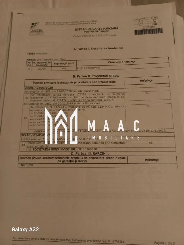 Teren Intravilan | 841 mp, | Calea Cisnadiei - MAAC Imobiliare, va prezinta un teren intravilan în suprafață de 841 mp, situat în zona Calea Cisnădiei, o locație cu un potențial excelent de dezvoltare. Terenul beneficiază de certificat de urbanism pentru locuințe colective (P+2), ceea ce permite construirea unui imobil cu regim de înălțime P+2, ideal pentru un proiect rezidențial.

Caracteristici:

Suprafață totală: 841 mp
Destinație: Locuințe colective P+2
Acces direct din drum public
Utilități disponibile în apropiere (apă, gaz, electricitate, canalizare)
Zonă în dezvoltare, cu acces facil la transport și infrastructură
Terenul este ideal pentru dezvoltatori imobiliari sau investitori care doresc să construiască un ansamblu rezidențial modern în una dintre cele mai căutate zone ale orașului, în apropiere de facilități, școli și centre comerciale.

Pentru mai multe detalii și vizionări, nu ezitați să ne contactați specificand ID: CP2237686