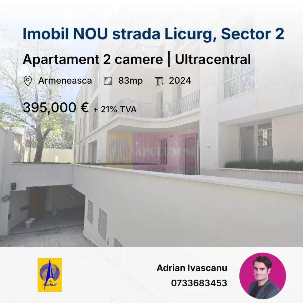 Apartament 2 Camere | Cartierul Armenesc | Imobil Boutique | Sector 2 - Situat într-un imobil boutique premium, intr-una din cele mai apreciate și discrete zone centrale ale Bucureștiului, în Cartierul Armenesc, acest apartament reprezinta un tip de proprietate rar întâlnit pe piață: elegantă, liniștită și poziționată la doar câteva minute de mers pe jos de Piața Rosetti, Universitate și Grădina Icoanei.
Compartimentarea este echilibrată și eficientă, cu spații luminoase și bine proporționate, potrivite atât pentru locuinta personală, cât și pentru o investiție premium pe termen lung.

Imobilul oferă exact ceea ce devine tot mai greu de găsit în zona centrală: intimitate și un standard ridicat al vecinătății.
Proprietatea se adresează unui profil de cumpărător care apreciază calitatea construcției, poziționarea și valoarea unei adrese care își păstrează atractivitatea în timp.

Avantaje:

Imobil boutique premium; constructie finalizata in 2024. Situatie juridica clara; toate actele pregatite pentru vanzare;
locație excelentă în Cartierul Armenesc;
83 mp utili, 96 mp construiti, decomandat; parter/3
acces rapid către centrul orașului;
comunitate selectă;
atmosferă liniștită și discretă;
proprietate potrivită atât pentru locuire, cât și pentru investiție;
acces facil către restaurante, cafenele, zone culturale și puncte de interes central.

Preț: 395.000 € + TVA
2 locuri de parcare per apartament in parcare subterana. Pretul unui loc de parcare - 32.000 euro + TVA

Pentru detalii suplimentare și programarea unei vizionări, contactati-ma.

Arhitectura proiectului boutique Licurg 2 Prime Residence încorporează elemente de design specifice zonei, evidențiindu-se prin fațade elegante și detalii de piatră atent lucrate, ce se integrează armonios în peisajul local. Materialele, culorile și texturile sunt alese pentru a menține un aspect estetic în armonie cu stilul arhitectural tradițional al zonei.

Proiectul include o selecție diversă de apartamente cu 3 și 4 camere , caracterizate prin ferestre ample si terase spatioase.
EXTERIOR:

Rame din aluminiu:

Barieră termică ALIPLAST, culoare bej RAL 7044
Fixare mecanică pe cadru de oțel 30 x 30 mm
Geamuri triple:

Compoziție generală: Sticlă 6 mm 4S, distanțier 16 mm WE, sticlă float 4 mm, sticlă low E 6 mm
Parter spre stradă: Sticlă temperată KN 166 ESG 6 mm, distanțier 16 mm WE, sticlă float 4 mm, sticlă laminată low E 4.4.1 mm
Valoare U totală: 1,05 pentru rame și ferestre din aluminiu
PEISAGISTICĂ:

Design exterior:

Alee de intrare cu plăci ceramice
Drum de acces la subsol asfaltat
Mobilier urban pe platforme de beton, cu zone de flori integrate
Spații verzi:

Pe plăci de beton: Ghivece de plante (adâncime 50-70 cm), arbuști și gazon la rampa de intrare
Pe sol natural: Plantații de arbori și arbuști, gazon, pentru uz exclusiv apartamentelor 1 și 2
INTERIOR:

Pereți cu vopsea multistrat:

Trei straturi de vopsea albă lavabilă pe plăci de gips tencuite
Bază din bloc ceramic de 30 cm grosime