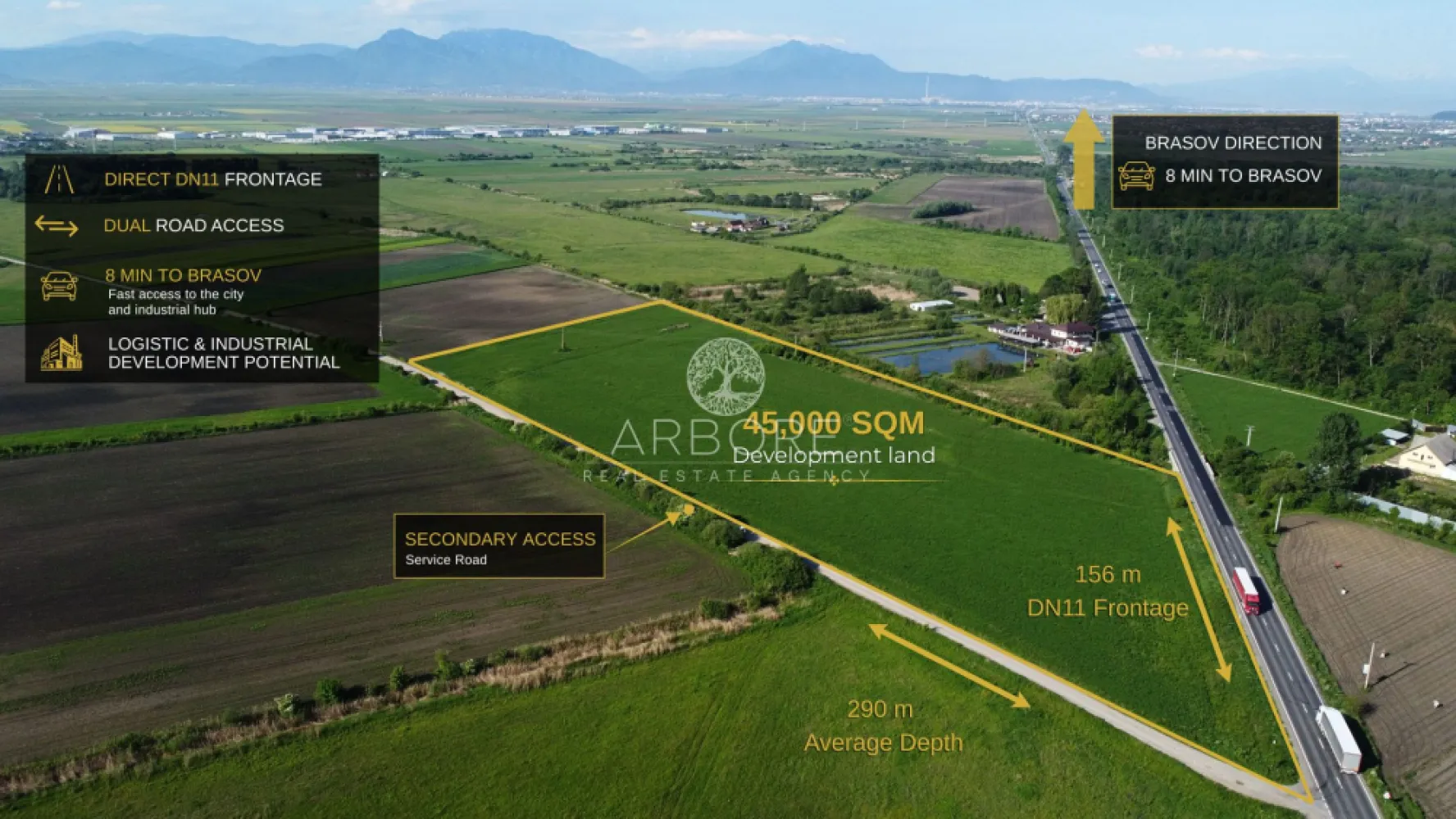PUZ Approved Industrial Land 45,000 sqm | Brașov Logistics Hub - 45,000 sqm PUZ Approved Industrial Land near Brașov, Romania
Exceptional investment opportunity in one of Brașov's most promising industrial and logistics corridors.

Located in Prejmer – Lunca Câlnicului, this 45,000 sqm intravilan land parcel benefits from direct access to DN11 and excellent connectivity to Brașov, regional transport routes, and Brașov-Ghimbav International Airport.
Key Property Highlights
Land Area: 45,000 sqm
Intravilan Land
PUZ Approved
Designated for Logistics, Warehousing, Offices & Light Industrial Development
POT: 35%
CUT: 0.6
Maximum Building Height: 12 m ridge / 10 m cornice
Direct DN11 Frontage
Dual Road Access
Land Book Extract Available
No Encumbrances
Urbanism Certificate Issued
Strategic Location
8 minutes to Brașov City Entry
Approximately 12 minutes to Brașov City Centre
Approximately 17 minutes to Brașov-Ghimbav International Airport
Excellent access to regional and national transportation networks
Ideal For
Logistics & Distribution Centers
Warehousing Facilities
Light Manufacturing
Business & Office Parks
Commercial Service Facilities
Long-Term Industrial Investment Projects

The property offers a rare combination of approved planning documentation, strategic road access, and proximity to one of Romania's fastest-growing regional economies.
Investment Opportunity
With approved urban planning parameters and a flexible development profile, the site is well suited for both owner-occupiers and institutional investors seeking industrial or logistics development opportunities in the Brașov metropolitan area.
Disclaimer

All development visualizations, logistics park concepts, masterplans and renderings presented in the marketing materials are illustrative only and are intended to demonstrate potential development scenarios. Any future development remains subject to detailed design, permitting procedures, technical studies and applicable urban planning regulations.