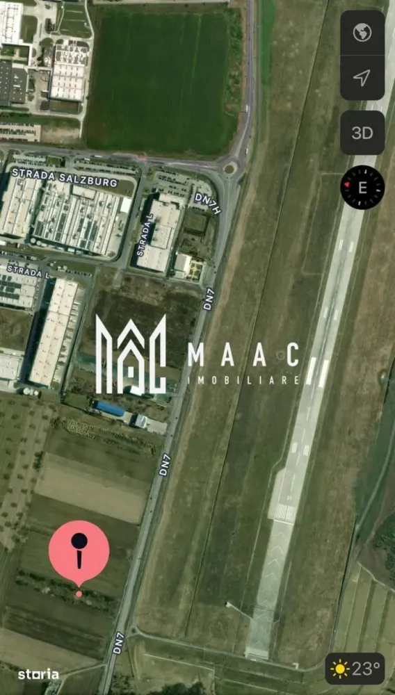Teren Intravilan | 6400 mp | zona aeroport CP3117121 - Se ofera spre vanzare teren cu suprafata de 6.400 mp, situat intr-o zona foarte buna, in apropierea Aeroportului Sibiu, cu acces direct din DN7 si vizibilitate excelenta la drum intens circulat.

Caracteristici:

- Suprafata teren: 6.400 mp

- Deschidere la drum: 27,7 m

- Acces direct din DN7

- Zona cu trafic intens, ideala pentru expunere

- Potrivit pentru panouri publicitare, activitati comerciale, hale, depozite sau investitie

- Acces facil catre oras si centura

Terenul beneficiaza de o pozitionare foarte buna pentru amplasare de reclame sau dezvoltare comerciala datorita expunerii excelente la trafic.

Contactează-ne pentru mai multe detalii sau pentru a programa o vizionare, menționează CP3117121