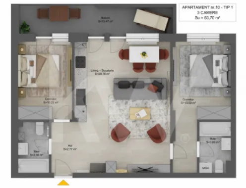 Apartament de vanzare 3 camere Sibiu Doamna Stanca 64mpu finisat cheie