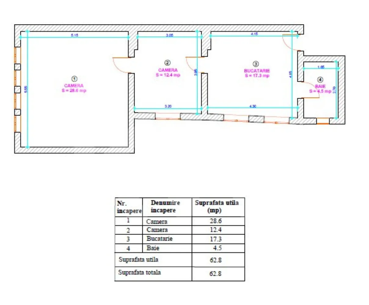 Apartament 2 camere – Centrul Istoric, str.Tribunei – Etaj 2 – 62.8 mp