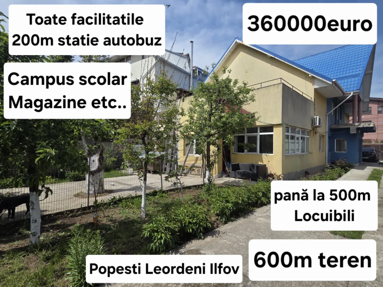 Duplex pretabil azil,gradinita motel - ÎNTREAGA PROPRIETATE (Vilă 500 mp + Curte 600 mp)Preț: 360.000 EUR (Cea mai avantajoasă ofertă per metru pătrat din zonă!)PARTEA OPORTUNITATE (Corp 1 – 210 mp utili)Preț vânzare: 180.000 EURStadiu: Exterior finisat, interior la roșu (deschis la personalizare).Opțiune închiriere: Se închiriază pe termen lung, iar investiția pe care o faceți în finisaje se scade direct din chirie!PARTEA LA CHEIE (Corp 2 + Corp 3 – 260 mp utili + Terase)Preț: 300.000 EUROCorp 2 (210 mp): Complet finisat și gata de mutat! Living, bucătărie, 2 băi, 3 dormitoare primitoare (cu ieșire pe balcon/terasă) și o mansardă open-space de 70 mp.Corp 3 (50 mp + Subsol): Anexă cu 2 camere, intrare proprie și o terasă spectaculoasă de 50 mp deasupra, accesibilă pe scară exterioară. Deasupra subsolului de 12 mp se află hidroforul și puțul.Utilități complete (gaze, apă, canalizare, curent 380V), finisaje exterioare complete și o energie excelentă conferită de livada proprie. Proprietățile cu un asemenea teren și potențial sunt extrem de rare în Popești! Sună acum pentru a programa o vizionare și lasă-te cucerit de această oază de verdeață!