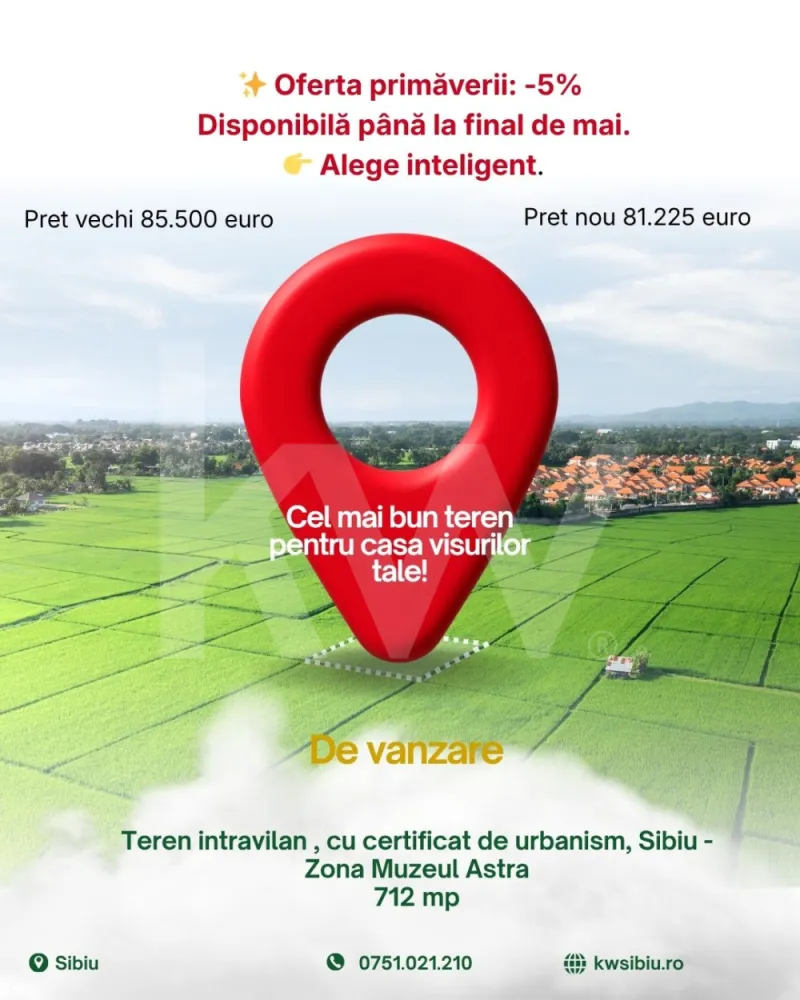 Teren intravilan , cu certificat de urbanism, Sibiu - Zona Muzeul Astra - Se oferă spre vânzare teren intravilan situat în municipiul Sibiu, zona Rășinari, ideal pentru construirea unei locuințe. Terenul are o suprafață de 712 mp și beneficiază de certificat de urbanism valabil, emis în scopul construirii unei case.
Conform documentației urbanistice aprobate:
terenul este situat în intravilan;
destinația este reglementată prin PUZ aprobat;
POT maxim: 20%;
CUT maxim: 0,4;
accesul este asigurat din strada principala
este permisă realizarea unei case de vacanță P+M, împrejmuire și branșamente la utilități;
circulația pietonală și auto este aprobată;
regimul de înălțime, alinierea și retragerile sunt conforme PUZ-ului în vigoare.
Terenul este potrivit pentru construcție imediată, având reglementări urbanistice clare, ceea ce îl face o alegere bună atât pentru utilizare personală, cât și pentru investiție.
Documentația este completă și poate fi pusă la dispoziția cumpărătorului interesat.