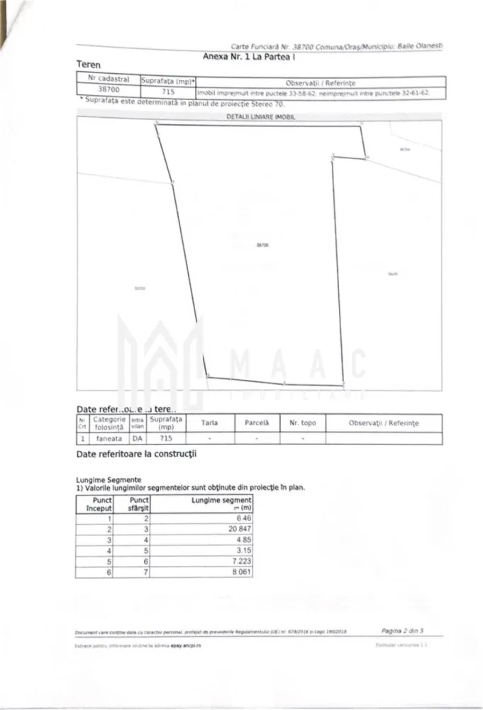 Teren Baile Olanesti | 715 mp | toate utilitatile | - MAAC Imobiliare vă propune spre vânzare un teren intravilan situat în stațiunea Băile Olănești, o zonă apreciată atât pentru locuire, cât și pentru investiții turistice. Proprietatea beneficiază de toate utilitățile și documentația necesară, fiind pregătită pentru dezvoltarea unui proiect rezidențial sau turistic.
Caracteristici:
Teren intravilan
Suprafață: 715 mp
Situat în Băile Olănești
Teren construibil
Acces facil
Poziționare excelentă
Toate actele la zi
Utilități:
Apă
Canalizare
Curent electric
Gaze naturale
Toate utilitățile disponibile la proprietate
Documentație:
Autorizații și avize obținute
Documentație completă pentru construire
Acte pregătite pentru tranzacționare
Avantaje:
Stațiune turistică cu renume național
Ideal pentru construcția unei locuințe permanente
Potrivit pentru pensiune, casă de vacanță sau investiție imobiliară
Cadru natural deosebit și aer curat
Acces rapid către centrul stațiunii și principalele puncte de interes
Teren pregătit pentru demararea proiectului fără întârzieri administrative
Această proprietate reprezintă o oportunitate excelentă pentru cei care caută un teren cu toate utilitățile și documentația necesară, într-o zonă cu potențial turistic și investițional ridicat.
Pentru mai multe informații și programarea unei vizionări, echipa MAAC Imobiliare vă stă la dispoziție.ID 3081414
