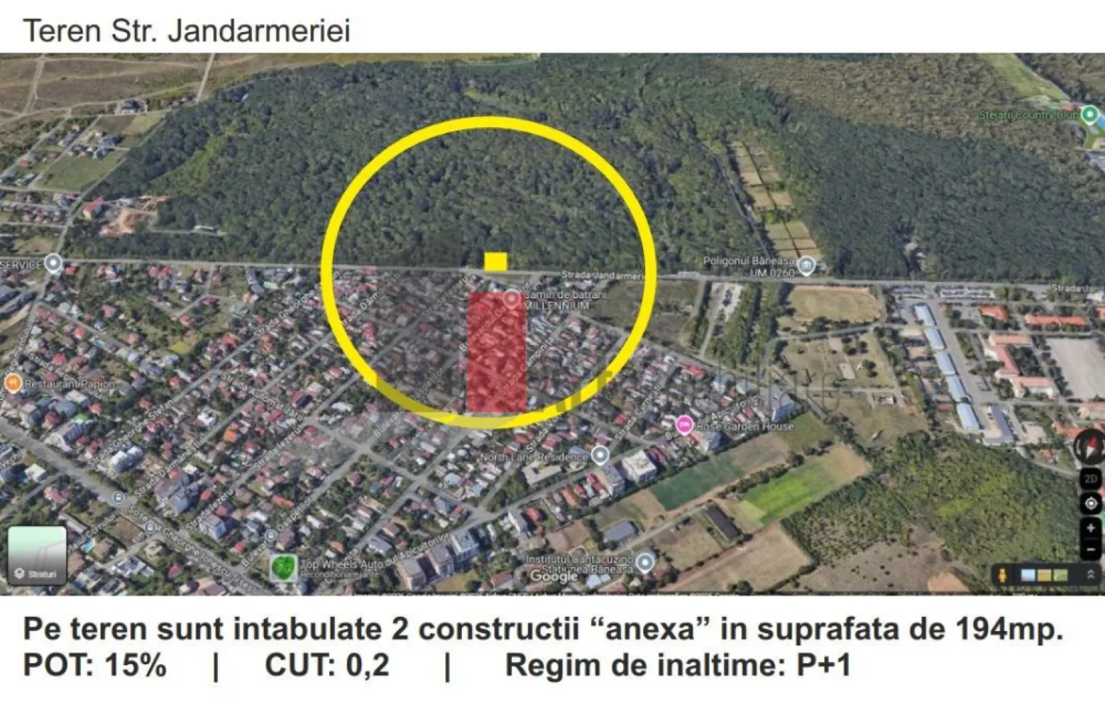 Teren padure Baneasa Jandarmeriei - Teren de vânzare în Sector 1 – Locație exclusivistă, ideal pentru locuință! chiar in Padure
 Adresă: Str. Jandarmeriei, Sector 1, București
 Suprafață: 1.250 mp – intravilan, construibil
 Deschidere: 33 ml la strada Jandarmeriei
 Construcții existente: Două anexe intabulate (194 mp) La acest moment pe teren mai exista fundatia lor.
 Teren liber, fără vegetație
Caracteristici urbanistice:
POT: 15% CUT: 0.2 Regim de înălțime permis: P+1
Proiect de compartimentare interioară deja realizat pentru locuință!
 Avantaje:
Zonă premium, liniștită, cu acces rapid către DN1, Băneasa și pădurea Băneasa
Ideal pentru construcția unei vile de lux sau reconfigurarea construcțiilor existente
Investiție solidă într-o zonă în plină dezvoltare