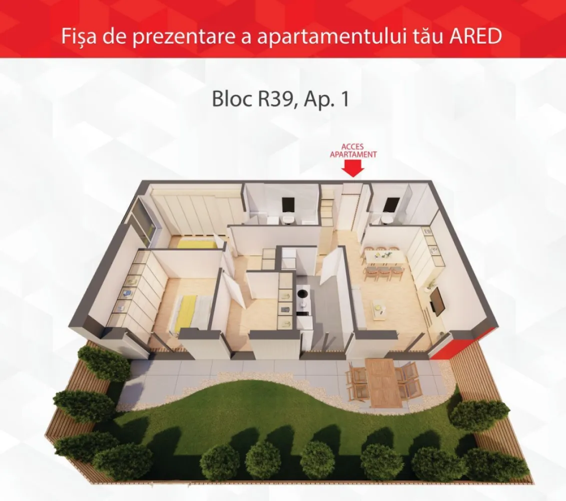 The Private Garden Residence: Unicitate și Distincție în ARED City - În peisajul imobiliar contemporan, luxul este definit de spațiu, intimitate și conexiunea cu natura. Vă prezentăm singura unitate de la parter cu grădină și terasă proprie din cadrul complexului ARED City, zona IMAR — o proprietate de o raritate absolută, concepută pentru cei care caută un refugiu privat în inima orașului.

Cu o suprafață utilă de 87 m² și o grădină privată de 55 m², această rezidență transcende conceptul clasic de apartament, oferind libertatea unei curți proprii într-un ecosistem securizat și tehnologizat.

Exclusivitatea Spațiului Verde: Grădina proprie de 55 m² reprezintă un activ unic în complex, oferind un spațiu versatil pentru relaxare, socializare sau un birou exterior, într-o orientare Nord-Est care asigură un climat de lumină echilibrat.

Arhitectură de Anvergură Europeană: Dezvoltat sub standarde riguroase de eficiență energetică (termoizolație de 20 cm), imobilul integrează cele mai noi tehnologii de construcție, garantând durabilitatea și costuri operaționale minime.

Conectivitate și Facilități: Situată la distanță de mers pe jos de zonele de business, retail (AFI Mall) și wellness, proprietatea beneficiază de un complex cu acces controlat, supraveghere video permanentă și patru căi de acces.

Personalizare Absolută: Livrată în variantă nefinisată, locuința permite o adaptare completă a designului interior. La cerere, dezvoltatorul oferă opțiuni pentru finisare premium sau mobilare completă, asigurând o soluție personalizată nevoilor dumneavoastră.

Configurație: 3 camere, 2 băi, grădină privată 55 m².

Logistică: Loc de parcare inclus în prețul de achiziție.

Termen de predare: 30 noiembrie 2026.

Tranzacție: Achiziție directă de la dezvoltator, comision 0%.

Preț varianta NEFINISAT: 242.921 € (+TVA)

ATENȚIE! Poze cu titlu ilustrativ.

Pentru detalii:
Jasmina Uglesits - 0740814770 Consultant imobiliar - Agenția ACASĂ Arad

Nu dispui de toată suma? Te ajutăm noi gratuit! Îți obținem oferte de la 16 bănci.

Ai o proprietate de vânzare în Arad și vrei să știi cât valorează cu adevărat?
Sună-mă pentru o evaluare gratuită, fără obligații.

Birou: ACASĂ | Agenție imobiliară Arad
Bulevardul Decebal 2, Arad 310133
