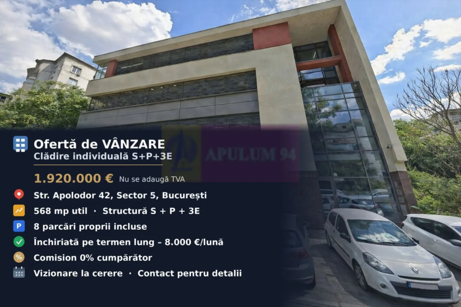 Clădire individuală S+P+3E, zona Parlament | Închiriată, randament 5% - Clădire individuală integrală S+P+3E, în inima Bucureștiului, strada Apolodor, la doar 200–300 m de Palatul Parlamentului și de ministere, închiriată complet pe termen lung unui singur chiriaș. Se vinde cu contract activ — venit din prima zi, termen lung 5+ ani.
Se vinde întreaga clădire, nu spații separate: ~568 mp suprafață utilă plus ~165 mp teren propriu, desfășurate pe subsol (101,73 mp), parter (108,15 mp), etaj 1 (118,62 mp), etaj 2 (124,74 mp) și etaj 3 (117,15 mp). Identitate proprie, vizibilitate stradală și control total asupra spațiului — ideală și ca sediu reprezentativ de firmă.
Atuuri rare pentru zona centrală: 8 locuri de parcare proprii în curte, incluse — aproape imposibil de găsit aici. Vizibilitate excelentă pe Apolodor / Izvor, acces rapid la metrou (Izvor / Unirii) și legături auto facile către toate direcțiile.

Locație excelenta pentru sediu reprezentativ:

- La 200–300 m de Palatul Parlamentului, ministere
- Vizibilitate stradală excelentă pe Apolodor / Izvor
- Acces rapid metrou Izvor / Unirii, auto spre toate direcțiile

Rezumat suprafete:
Suprafață utilă : 568 mp + ~165 mp teren propriu
Parcări: 8 locuri proprii
Subsol: 101.73 mp util
Parter: 108.15 mp util
Etaj 1: 118.62 mp util
Etaj 2: 124.74 mp util
Etaj 3: 117.15 mp util