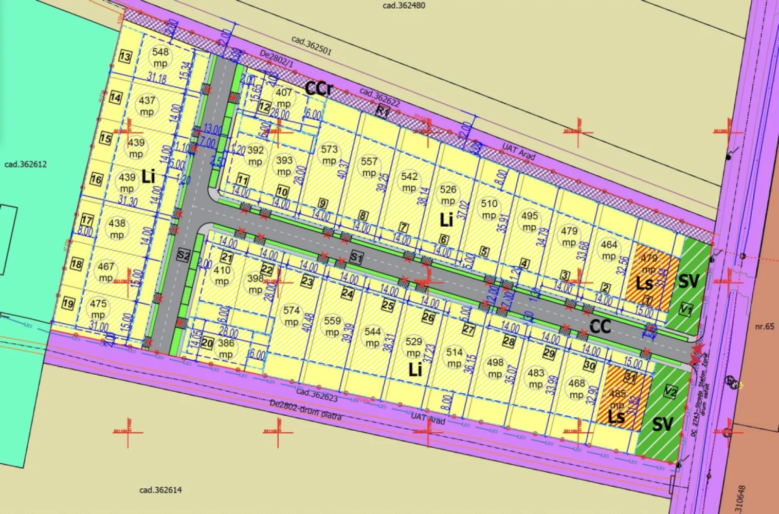 Teren de case în Sânnicolau Mic la 25 eur/mp - Vă oferim spre achiziție 19800 mp teren cu PUZ, ideal pentru construirea unui complex rezidențial nou de case în cartierul Sânnicolau Mic.
Cartierul Sânnicolau Mic va avea acces direct la șoseaua de centura Vladimirescu - Fântânele - Arad (Autostrada A1).
Terenul este ideal pentru un dezvoltator imobiliar ce dorește să vândă parcele de case.
Poate fi o opțiune și construirea de case și apoi vânzarea lor.

Terenul are utilități în zonă și acces direct la Strada Stefan Zarie pe un front de 77 ml.
În fotografii aveți și parcelarea terenului conform PUZ.
31 parcele de teren de case cu o suprafață medie de 482 mp.

Îndicatori din PUZ:
CUT: max 1,2
POT: max 40%
Regim de înălțime: max S/D+P+1E
H max cornișă/atic: 9m
H max coamă: 12 m

Terenul se vinde fără puncte de branșare la utilități dar cu PUZ rezidențial finalizat.
Comision zero.
Terenul se vinde de pe persoana juridică. Prețul nu include TVA.

Pentru detalii apelați: 0721356746 Florin Moș

Birou: ACASĂ | Agenție imobiliară Arad 
Adresă: Bulevardul Decebal 2, Arad 310133