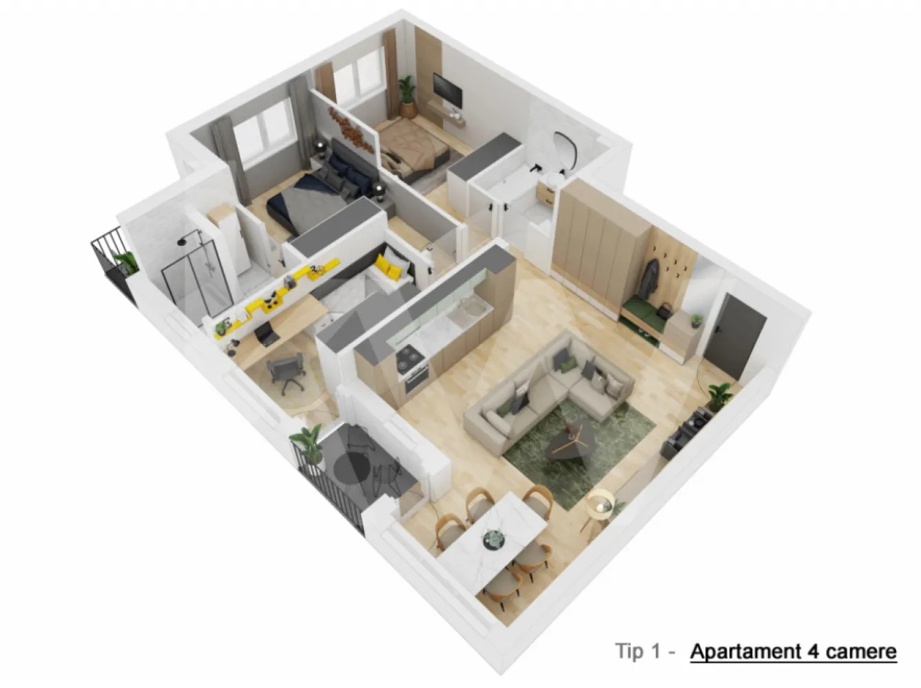 Apartament 4 camere - Tip II - 91,14 mp - Doamna Stanca - COMISION O CUMPĂRĂTOR - Apartamentele cu 4 camere, de tipul II, sunt amenajate pe o suprafață utilă de 91,4 mp/apartament + 3 balcoane cu suprafață totală de 11,2 mp.

În componența acestor apartamente intră un hol de 6,3 mp, un spațiu comun living și bucătărie cu suprafața de 39,1 mp, un birou de 10,2 mp, două dormitoare de 12,2 mp și 14,8 mp și două băi cu suprafețe de 4,4 mp.

Toate apartamentele sunt bine proporționate, compartimentate excelent pentru o viață modernă, pregătite și gândite în așa fel încât, fiecare spațiu să fie util vieții cotidiene.

Fiecare apartament va fi livrat la stadiul de semifinisat avansat, dotat cu centrală proprie de apartament în condensație și branșat individual la toate utilitățile orașului, și cu posibilitatea finisării la cheie.

Tâmplăria PVC folosită în cadrul proiectului va fi Salamander 6 camere de culoare gri la exterior și alb la interior.

Fiecare apartament beneficiază de:

- finisaje premium
- tâmplărie din profil PVC (6 camere) cu geam termopan, 3 foi de sticlă
- ușă metalică de intrare în apartament
- casa scării finisată la cheie
- parcarea amenajată cu dale din beton
- instalație de încălzire, cu centrală și calorifere din oțel
- racorduri apă-canal în baie și bucătărie
- racord de gaz metan la bucătărie pentru centrala și mașina de gătit
- instalație electrică interioară
- șapă
- pereți exteriori din zidărie de cărămidă, de 25 cm grosime
- izolație termică cu polistiren de 10 cm, la pereți exteriori
- tencuieli mecanizate la pereți interiori
- pereți despărțitori din cărămidă
- tavane tencuite
- instalații de contorizare pentru gaz, curent electric și apă rece, inclusiv branșamentele
- loc de parcare inclus

Preț 158.500 EURO, TVA INCLUS