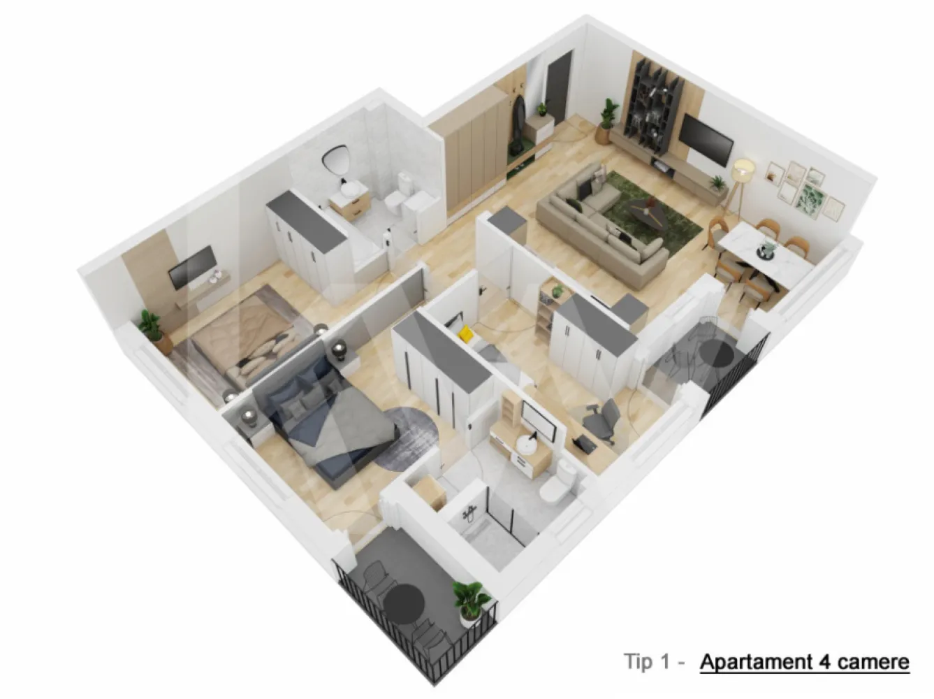 Apartament 4 camere - Tip II - 91,14 mp - Doamna Stanca - COMISION O CUMPĂRĂTOR - Apartamentele cu 4 camere, de tipul II, sunt amenajate pe o suprafață utilă de 91,4 mp/apartament + 3 balcoane cu suprafață totală de 11,2 mp.

În componența acestor apartamente intră un hol de 6,3 mp, un spațiu comun living și bucătărie cu suprafața de 39,1 mp, un birou de 10,2 mp, două dormitoare de 12,2 mp și 14,8 mp și două băi cu suprafețe de 4,4 mp.

Toate apartamentele sunt bine proporționate, compartimentate excelent pentru o viață modernă, pregătite și gândite în așa fel încât, fiecare spațiu să fie util vieții cotidiene.

Fiecare apartament va fi livrat la stadiul de semifinisat avansat, dotat cu centrală proprie de apartament în condensație și branșat individual la toate utilitățile orașului, și cu posibilitatea finisării la cheie.

Tâmplăria PVC folosită în cadrul proiectului va fi Salamander 6 camere de culoare gri la exterior și alb la interior.

Fiecare apartament beneficiază de:

- finisaje premium
- tâmplărie din profil PVC (6 camere) cu geam termopan, 3 foi de sticlă
- ușă metalică de intrare în apartament
- casa scării finisată la cheie
- parcarea amenajată cu dale din beton
- instalație de încălzire, cu centrală și calorifere din oțel
- racorduri apă-canal în baie și bucătărie
- racord de gaz metan la bucătărie pentru centrala și mașina de gătit
- instalație electrică interioară
- șapă
- pereți exteriori din zidărie de cărămidă, de 25 cm grosime
- izolație termică cu polistiren de 10 cm, la pereți exteriori
- tencuieli mecanizate la pereți interiori
- pereți despărțitori din cărămidă
- tavane tencuite
- instalații de contorizare pentru gaz, curent electric și apă rece, inclusiv branșamentele
- loc de parcare inclus

Preț 158.500 EURO, TVA INCLUS