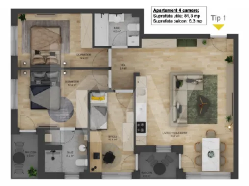 Apartament 4 camere - Tip I - 81,09 mp - Doamna Stanca - COMISION 0 CUMPĂRĂTOR
