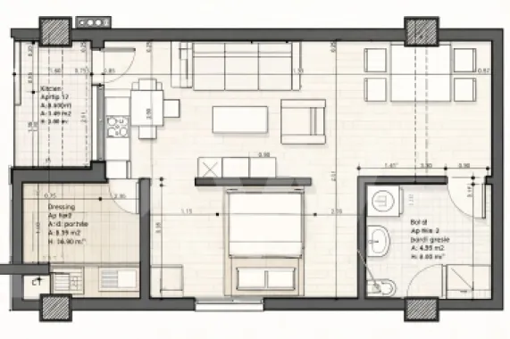 Apartament - Garsoniera bucatarie separata balcon de vanzare 33.6mpu