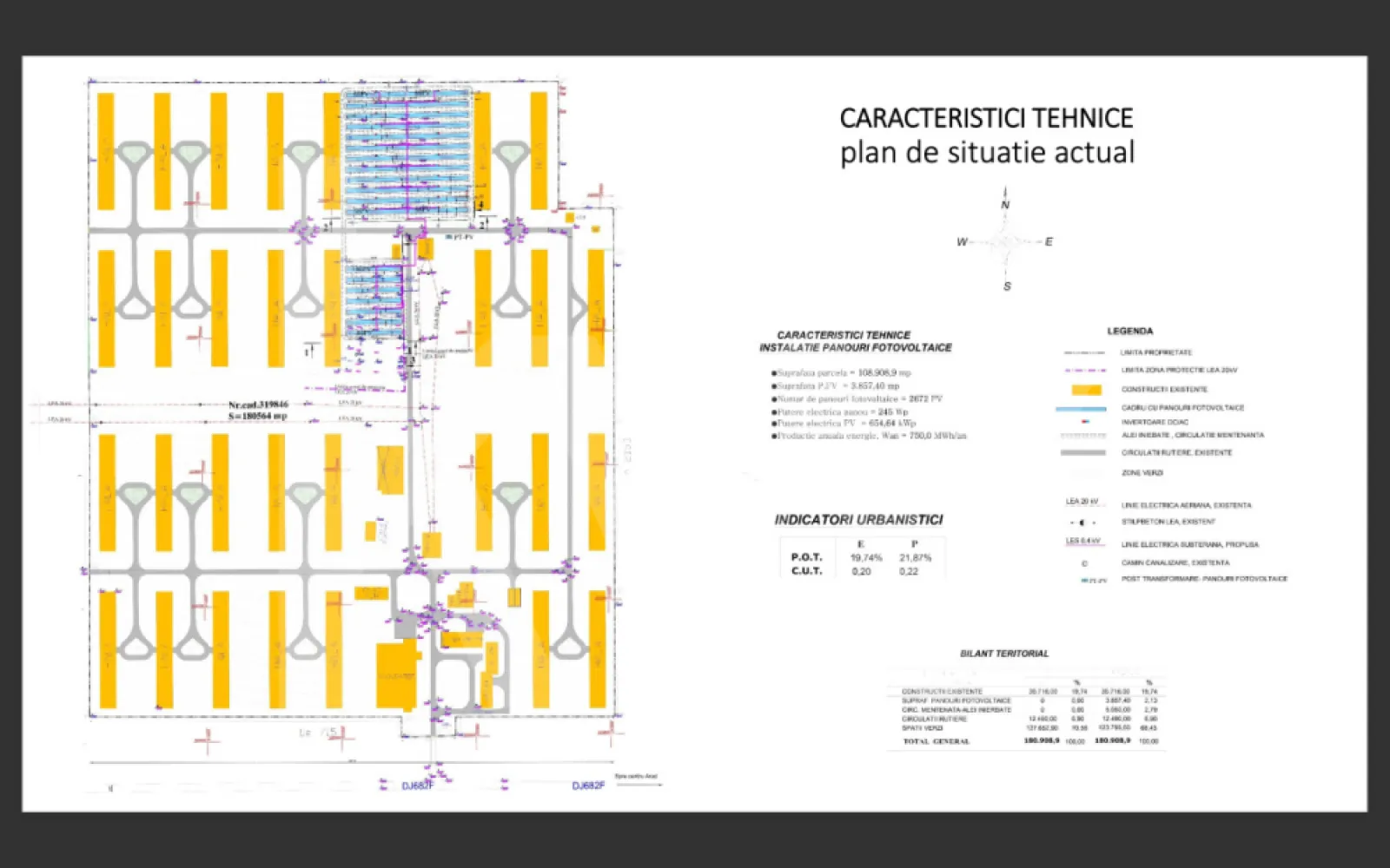 18 Ha intravilan in orasul Arad - langa aeroport - Proprietate compacta in suprafata de 18 Ha (teren intravilan - curti constructii), localizata la 2,5
km de Aeroportul Arad (RO) DJ682F si la 2,6 km de nodul rutier al autostrazii A1 si se compune
din:
> 180.564 mp teren intravilan (curti constructii)
> 35.716 mp constructii (30 hale de 1000 mp si una de 3000 mp + anexe)
> 15.000 mp parc fotovoltaic in functiune din anul 2014.
> 17.540 mp drumuri destinate circulatiei rutiere si alei pietonale betonate.
> 112.308 mp spatii verzi.
Proprietatea este localizata la 2,5 km de Aeroportul Arad (RO), intrarea pe autostrada A1 (judetul Arad),
51 Km fata de punctul de frontiera schengen cu Ungaria (vama Nadlac) - cale rutiera directa pe
autostrada si/sau 90 Km pana la punctul de frontiera cu Serbia.
Accesul catre proprietate se face din nodul rutier A1 (intrare - iesire), pe drum asfaltat cu doua benzi.
A fost obtinut Avizul de Oportunitate nr. 14 din 10.06.2021 pentru elaborarea Planului Urbanistic Zonal.Pe proprietate exista constructii cu o suprafata
totala de 35.716 mp., din care 12.900 mp. partial
reabilitate recent.
Hala perfect utilizabila in suprafata de 3000 mp si
30 de hale in suprafata de 1000 mp fiecare, aflate
in diverse stadii de uzura.
9 hale a cate 1000 mp fiecare au fost reabilitate
recent.
1 cladire de birouri, spatii de cazare mobilate pentru
personal, atelier reparatii, cladirea centralei termice,
cladiri posturi trafo, statie pompare, magazii,
depozit, vestiare, rampe betonate si drumuri interne
de acces.
Utilitati: energie electrica, apa din put, canalizare.17.540 mp drumuri destinate circulatiei
rutiere si alei betonate.
Rampele de acces ale constructiilor sunt legate
intre ele prin intermediul drumurilor betonate si
aleilor de acces pietonal.
Intregul ansamblu rutier a fost realizat in urma cu
mai mult de 30 de ani, in vremurile cand
materialele utilizate erau conform normelor de
calitate impuse in acele vremuri (50 cm beton
armat).
Intreaga proprietate este imprejmuita si accesul
catre acesta se face prin doua intrari principale.
Front stradal la drumul județean de 415 mPe proprietate exista 2 bransamente de
medie tensiune, legate la magistrale diferite.
Contractul de superficie si servitute
incheiat cu furnizorul Enel Distributie
Banat S.A. permite descarcarea in
2 retele electrice de interes public,
conectate la tronsoane diferite ale
furnizorului.
Unul dintre tronsoanele de medie
tensiune este conectat la punct de
descarcare, racordat radial in LEA
110/20 kV Gai – Rase Usoare Arad.
Pe 15.000 mp. din proprietate este amplasat
un parc fotovoltaic conectat la reteaua
nationala.
Puterea nominala debitata in Sistemul
Energetic National este 654,62 kWp
fiind conectat si operational din 2013.
Energia produsa se varsa in reteaua
nationala de energie electrica.
Parcul functional este compus din 2750
buc panouri tip skybase & chaori de 245
w/fiecare si un numarul de 31 buc
invertoare.
Parcul fotovoltaic existent poate fi extins.