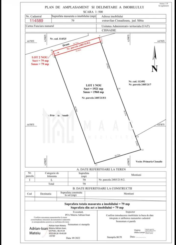 Teren intravilan I Cisnadioara I 1960 mp cu PUZ - MAAC IMOBILIRE VA PROPUNE SPREVANZARE UN TEREN INTRAVILAN O PARCELA DE 1960 MP IN LOCALITATEA CISNADIOARA - JUDETUL SIBIU Terenul are acces de pe strada Ciresilor Terenul are o suprafata 1960 mp ideal pentru construirea unei case rezidențiale sau unei case de vacanță, cu deschidere la drum de 29 ml / 72 ml lungime care se poate vinde integral sau si 2 parcele de 980 mp latime deschidere la drum 14,5 ml / 72 ml lungime cu PUZ aprobat. Dacă sunteți în căutarea unui loc linistit de casă sau cabana, departe de aglomerație, Cisnădioara este alegerea cea mai potrivită. Drumul este pietruit latime 3 ml iar dupa cedarea drumului de 2.75 mp pe fiecare parte a drumului va avea 8,5 ml. Caracteristici generale: Clasificare teren: Intravilan Categorie de folosință: Livada Intabulat: DA Carte funciară: DA Certificat de urbanism: DA PUZ abrobat de Primaria Cisnadie pentru constructie casa : DA Utilități: - Gaz la aprox 150 ml costul lucrarii undeva la 7500 euro. - Curentul la 40 ml costul lucrarii 1000-2000 euro. - Apă : 1500-3000 euro maxim exista proiect de introducere utilități in curs primavara-vara anul 2026 dar daca doriti mai repede singura solutie este fantana iar pentru canal fosa septica sau statie de epurare 5000 - 7000 euro cum au majoritatea locuitorilor in Cisnadioara. Pentru mai multe detalii precizati ca ati vazut anuntul cu ID CP2911592 }}