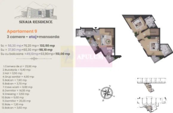 Apartament cu 3 camere cu finisaje de LUX in Sinaia la etaj + mansarda