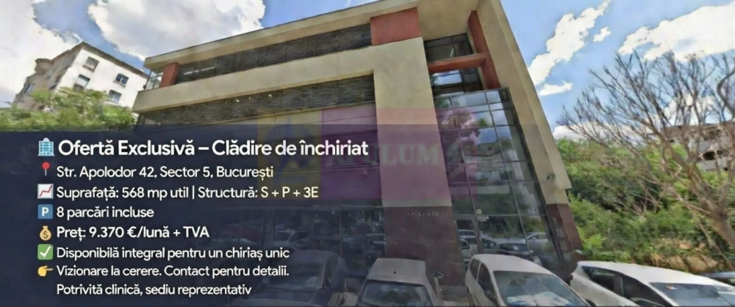Clădire birouri Apolodor 42 – sediu premium termen lung + 8 parcări - Ofertă exclusivă: clădire individuală integrală (S + P + 3E), disponibilă pentru un singur chiriaș, termen lung , minim 3 ani.
Preț chirie: 9.370 € + TVA / lună (≈ 16,5 €/mp util – valoare excelentă zonă centrală 2026)
Suprafață utilă : 568 mp + ~165 mp teren propriu
Parcări: 8 locuri proprii în curte – incluse, extrem de rar în centru!
Locație excelenta pentru sediu reprezentativ:

- La 200–300 m de Palatul Parlamentului, ministere
- Vizibilitate stradală excelentă pe Apolodor / Izvor
- Acces rapid metrou Izvor / Unirii, auto spre toate direcțiile

Ce oferim special pentru chiriaș stabil pe termen lung:

- Investiție proprietar în renovare & amenajare – compartimentare, finisaje, electrică, IT etc. după nevoile tale (valoare investiție negociabilă direct proporțional cu durata contractului) 
- Branding: nume companie pe toată fațada + parter vitrină generoasă pentru recepție/showroom
- Configurație flexibilă: 17–20 birouri/camere + lift + 7 grupuri sanitare
- Suport ISU & autorizații 

Companii corporate cu sediu central / reprezentanță
Clinici medicale / centre de diagnostic premium
Case de avocatură / consultanță / audit cu echipe 20–50 persoane
Instituții / ONG-uri / academii cu activitate constantă
Firme cu istoric bun, referințe solide 

Disponibilitate: imediat – vizionare în 24–48h.