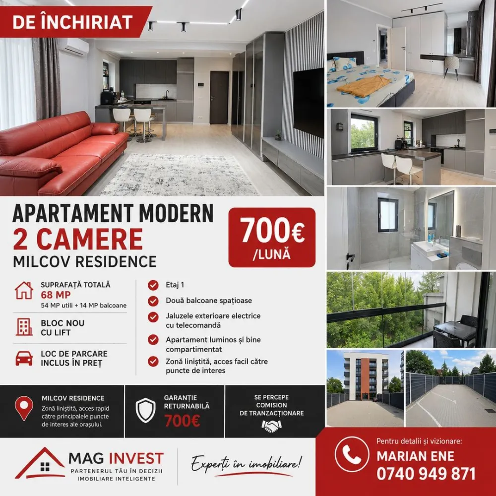 De inchiriat apartament cu 2 camere, Milcov Residence, et. 1, 700 euro - Se oferă spre închiriere un apartament modern cu 2 camere, situat în complexul rezidențial Milcov Residence, într-un bloc nou prevăzut cu lift. Proprietatea este amplasată la etajul 1 și beneficiază de o compartimentare eficientă, spații generoase și finisaje moderne.

Suprafața totală este de 68 mp, din care 54 mp reprezintă suprafața utilă, iar 14 mp sunt ocupați de două balcoane spațioase, ideale pentru relaxare.

Apartamentul oferă următoarele avantaje:
2 camere luminoase și bine compartimentate;
două balcoane;
bloc nou cu lift;
loc de parcare inclus în preț;
jaluzele exterioare cu acționare electrică și telecomandă;
etaj 1.

Locuința este situată într-o zonă liniștită, cu acces facil către principalele puncte de interes ale orașului și reprezintă o alegere excelentă pentru un cuplu, o familie sau persoane care își doresc confortul unui apartament nou.

Preț chirie: 700 euro/lună.
Garanție returnabilă: 700 euro.
La semnarea contractului de închiriere se achită prima lună de chirie, garanția și comisionul agenției imobiliare.

Pentru informații suplimentare și programarea unei vizionări:
Marian Ene – MAG INVEST
Telefon: 0740 949 871