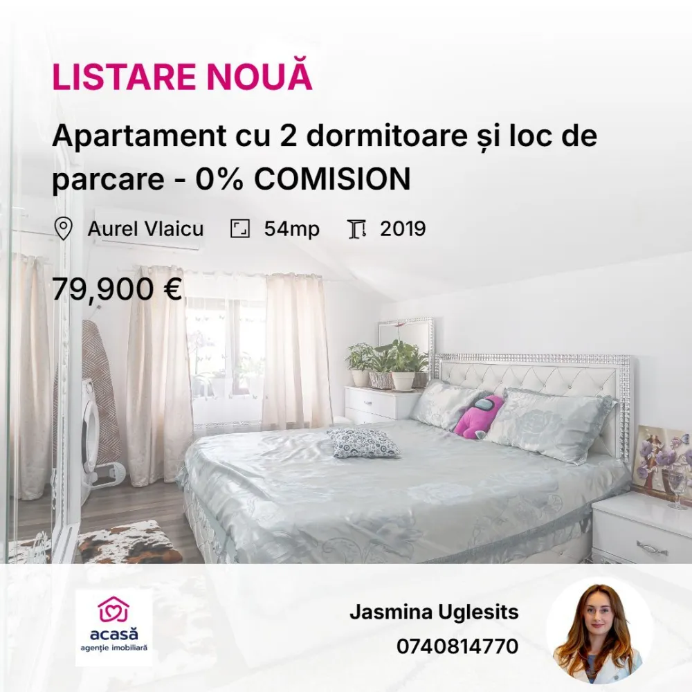 Apartament cu 2 dormitoare și loc de parcare - 0% COMISION - Vă propun spre achiziție o proprietate ce îmbină perfect dinamismul zonei Vlaicu cu liniștea unei străzi secundare, într-un imobil finalizat în anul 2019. Situat într-un bloc exclusivist cu regim mic de înălțime (P+2+M), acest apartament este definit prin lumină, eficiență și o structură modernă, fiind ideal pentru cei care caută un „acasă” privat sau o investiție cu randament imediat.

Situat pe strada Constantin Brâncuși, apartamentul beneficiază de acces rapid către principalele puncte de interes, rămânând totodată protejat de zgomotul arterelor principale.

Poziționarea la mansardă transformă locuința într-un spațiu de liniște absolută. Fără vecini deasupra și cu o orientare spre Est, vă bucurați de soarele dimineții și de un microclimat plăcut pe tot parcursul zilei.

Cu o suprafață construită de 72 mp (54 mp utili), spațiul este compartimentat inteligent: living cu bucătărie open-space, două dormitoare intime, baie cu cadă și finisaje moderne, fiind vândut complet mobilat și utilat.

Într-o zonă unde confortul parcării este un lux, această proprietate include un loc de parcare propriu, un activ esențial care adaugă valoare și siguranță investiției dumneavoastră.

An construcție: 2019 (Structură modernă, eficiență energetică ridicată)
Dotări: Centrală proprie, climatizare, mobilat complet.

Preț: 79.900 Euro
Comision 0% pentru cumpărător.

Pentru detalii și programarea unei vizionări:
Jasmina Uglesits - 0740814770 Consultant imobiliar - Agenția ACASĂ Arad

Nu dispui de toată suma? Te ajutăm noi gratuit! Îți obținem oferte de la 16 bănci.

Ai o proprietate de vânzare în Arad și vrei să știi cât valorează cu adevărat?
Sună-mă pentru o evaluare gratuită, fără obligații.

Birou: ACASĂ | Agenție imobiliară Arad
Bulevardul Decebal 2, Arad 310133