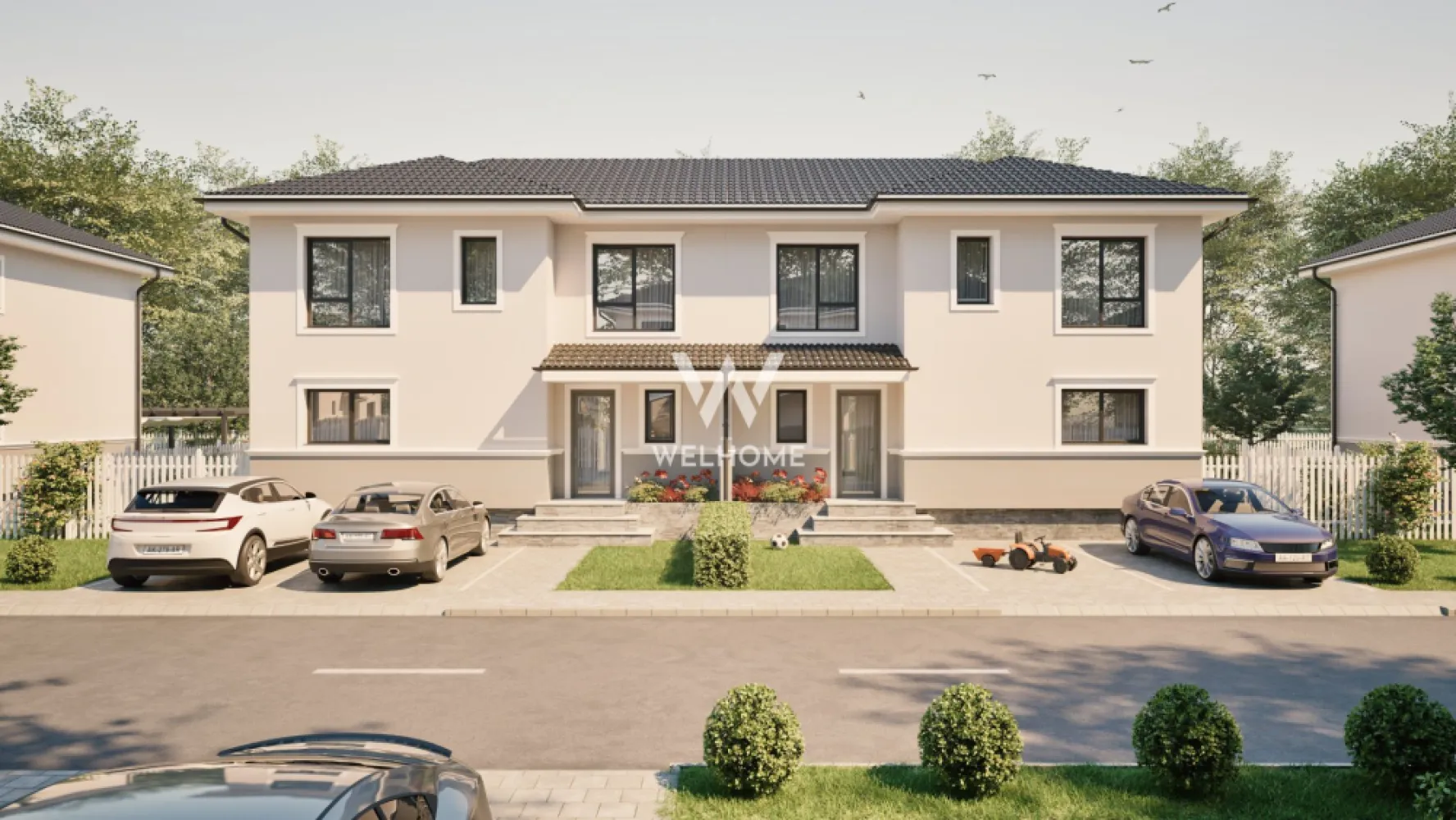 Casa tip duplex - 300 mp teren - Sura Mica - Situat într-un ansamblul rezidențial nou cu 100 de case, tip duplex si individuale, la doar câteva minute de Sibiu, acest duplex poate deveni acasă pentru tine. - Suprafata utila: 115 mp - Suprafata teren: 300 mp, curte libera: 210 mp - La parter: living, bucatarie, baie, camara, iesire pe terasa de 12 mp - La etaj: 3 dormitoare, unul cu baie proprie, baie, casa scarii. - Pod de 65 mp - Predare LA ALB la INTERIOR: Pereți tencuiți, gletuiți, plus strat de amorsă, pardoseli cu șapă mecanizată, instalații electrice, tablou electric curenți tari și curenți slabi, instalație sanitară completă, fără obiecte sanitare, centrală termică Ariston de 24 kW, încălzire în pardoseală Uponor, infrastructură cablată pentru termostate, ușă la intrare. - Casa se preda LA CHEIE la EXTERIOR: Fațade cu tencuială decorativă, tâmplărie din PVC cu 3 foi de sticlă și profil de 5 camere, glafuri la geamuri, pe exterior, contoare de utilități montate la limita de proprietate (apometru, electric, gaz), gard alb în stil american, cu poartă de acces pietonală, 2 locuri de parcare pavate cu dale din beton - în fața casei, alei și trotuare amenajate în jurul fiecărei locuințe. Caracteristici constructie: Cadre din beton armat, zidărie portantă din cărămidă de 25 cm și compartimentări din cărămidă de 11,5 / 25 cm, duplexurile au perete dublu din cărămidă de 25 cm, cu strat termoizolant între unități, termoizolație cu polistiren de 15 cm, planșeu din beton inclusiv între etajul 1 și pod, acoperiș tip șarpantă din lemn, cu învelitoare din țiglă ceramică gri, terasă acoperită cu țiglă ceramică gri. Programeaza o vizionare! Pret: 163.000 euro + Tva * Se accepta plata cu credit ipotecar cu avans minim 25%. * Se accepta si plata cu criptomonede. }}