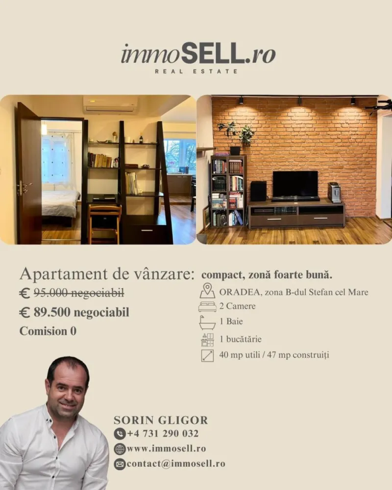Apartament 2 camere decomandat, mobilat & utilat – Bd. Ștefan cel Mare - Apartament 2 camere decomandat, mobilat & utilat – Bd. Ștefan cel Mare, Oradea ImmoSell.ro vă propune spre vânzare un apartament cu 2 camere, decomandat, amenajat cu grijă și gândit pentru confortul de zi cu zi. Se vinde complet mobilat și utilat, fiind o alegere inspirată atât pentru locuire, cât și pentru investiție. Localizare: Bd. Ștefan cel Mare, Oradea Etaj: 1 din 4 (P+4) Suprafață utilă: 40 mp Suprafață construită: 47 mp Compartimentare: Hol – spațiu practic, cu potențial de zonă de lucru/birou Dormitor luminos, cu dressing încăpător Baie (4 mp) – cabină de duș, spații de depozitare, mașină de spălat Living (18 mp) – zonă de relaxare și loc de luat masa pentru 4 persoane Bucătărie open-space – ergonomică și bine integrată în zona de zi Dotări și avantaje: Aer condiționat Mobilier și electrocasnice incluse – gata de mutat sau de închiriat Loc de parcare închiriat de la Primăria Oradea – 160 lei/an Preț: 89500 EUR – negociabil 📩 Pentru mai multe detalii și programarea unei vizionări Sorin Gligor 0731 290 032 }}