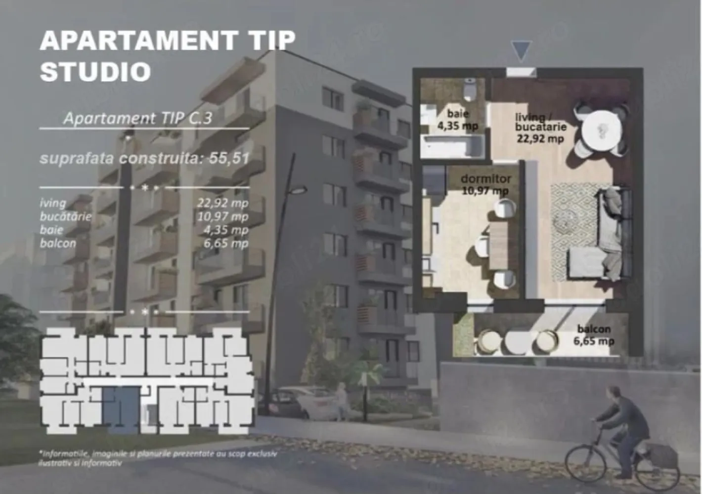 Studio de Vanzare - 47 mp - Berceni (Grand Arena) - Studio modern – Grand Arena | Finalizare Decembrie 2026 | 47 mp utili | Etaj 4/6

Descoperă un studio spațios și bine compartimentat, situat în zona Grand Arena, într-un imobil nou cu regim de înălțime P+6, având termen de finalizare în Decembrie 2026.

Locuința este amplasată la etajul 4 din 6 și dispune de o suprafață utilă de 47 mp, fiind ideală atât pentru locuit, cât și pentru investiție.

Compartimentarea este eficientă, oferind:

- living spatios
• bucătărie open-space
• baie modernă
• hol generos
• balcon

Se poate achizitiona separat un loc de parcare de la demisol la pret foarte accesibil. Liftul coboara pana in parcare.

Blocul este in constructie, finalizat 90%, se executa partea de finisaje, cu termen de finalizare decembrie 2026.

PRET 75500 (TVA INCLUS)

Achizitia se face prin contract de cesiune.

Ansamblul beneficiază de acces facil către centre comerciale, mijloace de transport, școli, supermarketuri și toate punctele de interes din zona Berceni – Grand Arena.

Finisaje moderne, compartimentare practică și poziționare excelentă!

Mentiune: Primele poze sunt cu titlu informativ.

Pentru mai multe detalii și programarea unei vizionări, nu ezita să mă contactezi.

Alexximob Estate - tel. 0751454742