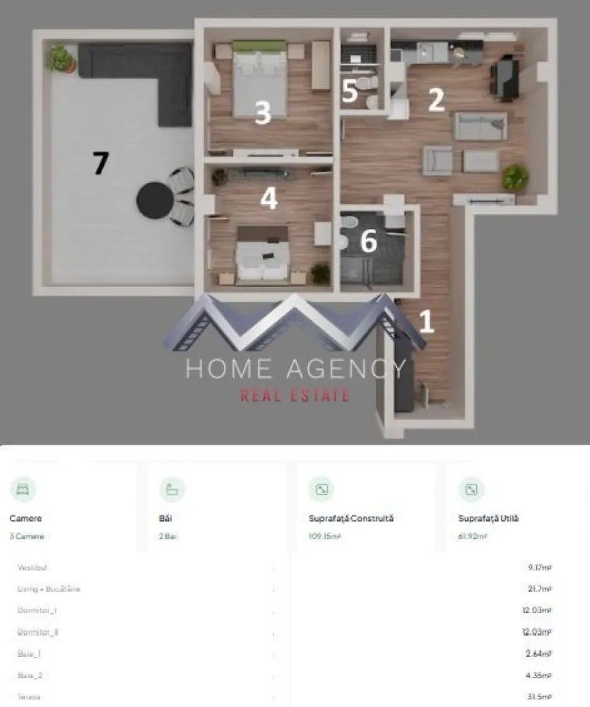 Apartament 3 camere, terasă 31 mp Otopeni central | parcare, comision 0