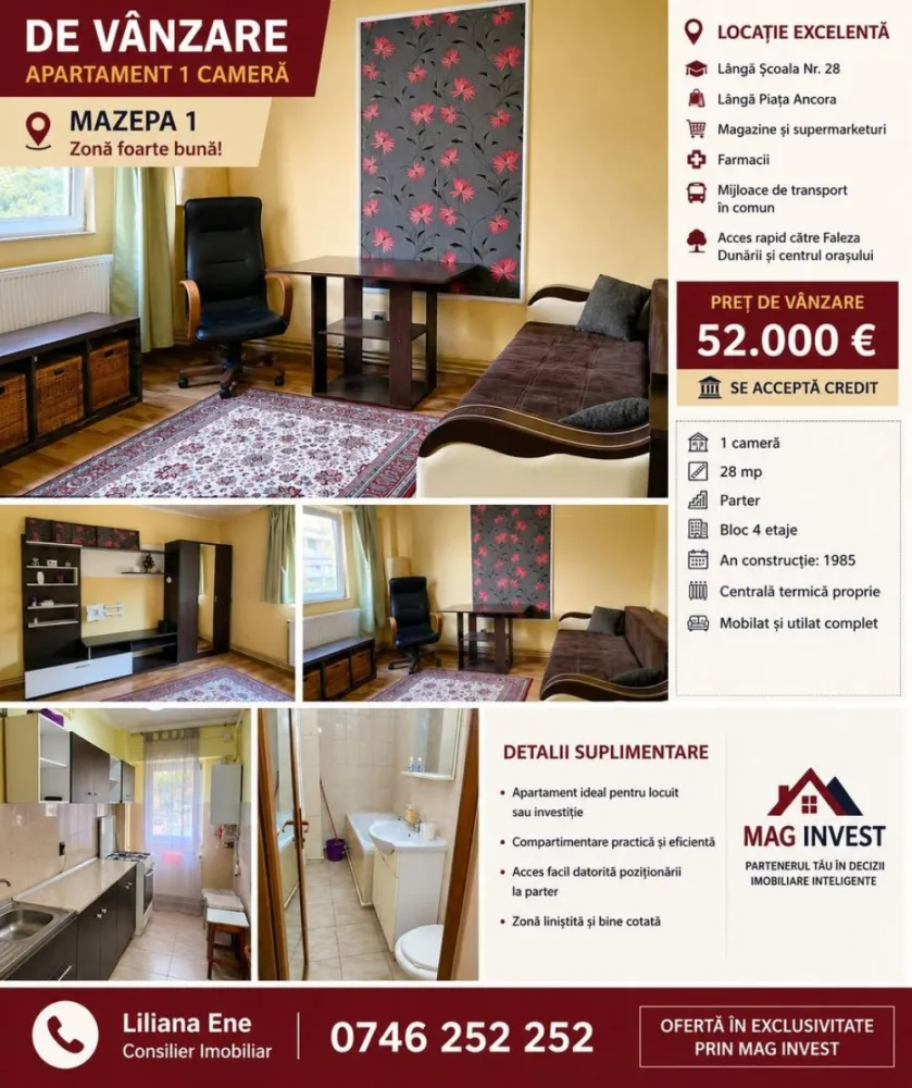 De vanzare apartament cu o camera Mazepa 1, 52.000 euro
