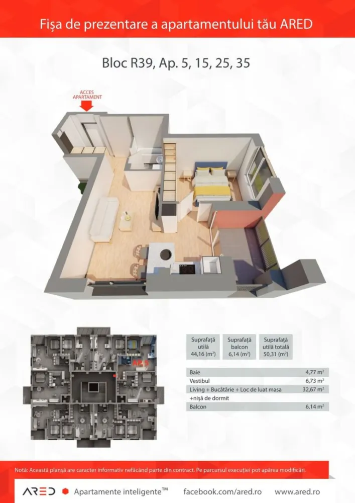 Apartament 2 camere, etaj 2, bloc R39, Ared City Arad