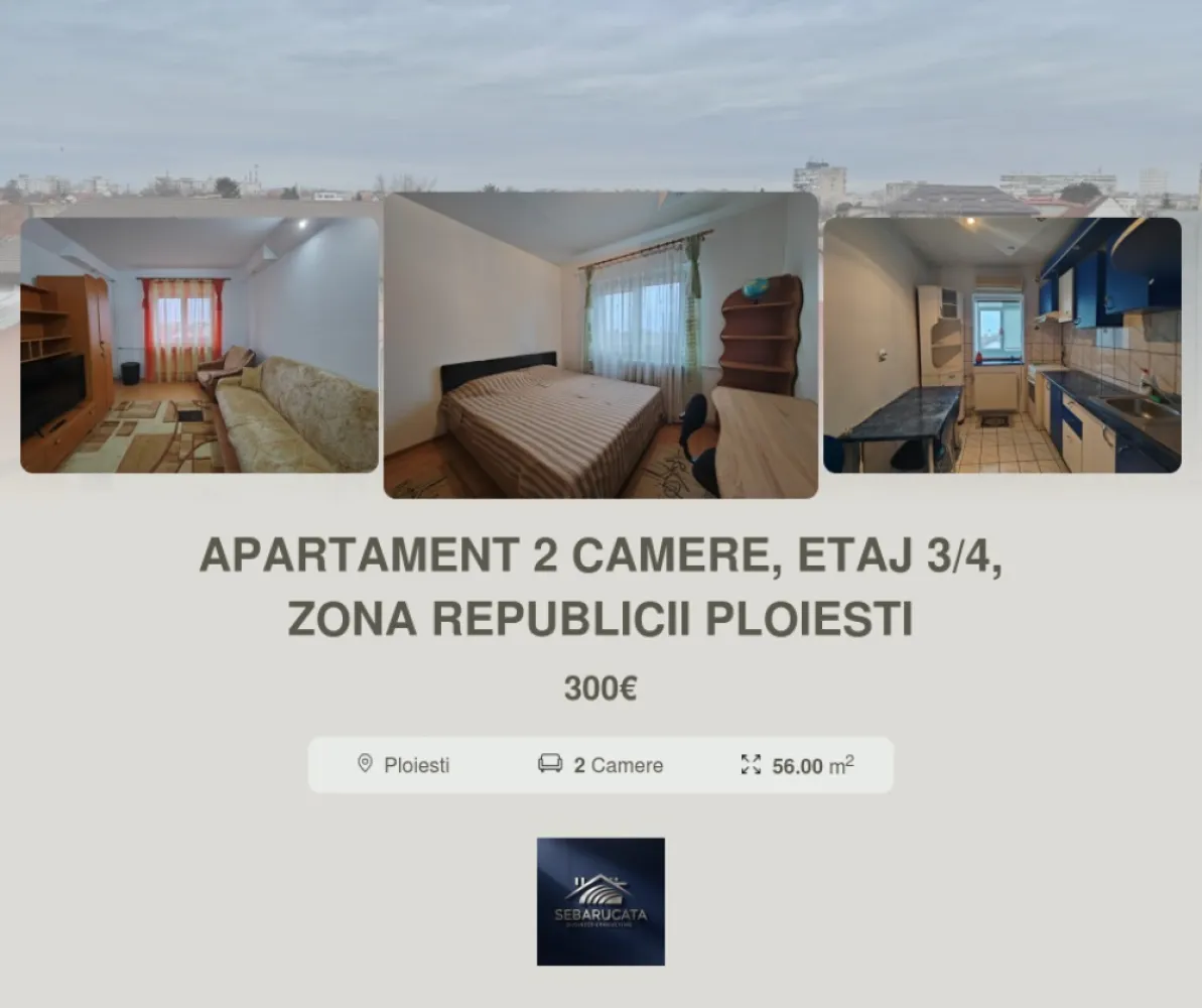 Apartament 2 camere, decomandat, etaj intermediar, zona Republicii, Ploiești - Catalina Anghel-broker imobiliar vă prezintă spre închiriere un apartament cu 2 camere, decomandat, situat la etajul 3 al unui bloc cu regim de înălțime p+4. Apartamentul se închiriază mobilat și utilat.Beneficiile acestui apartament sunt date de următoarele aspecte:- suprafata generoasa a apartamentului și compartimentarea acestuia;- balcon pe toată suprafața bucătăriei cu acces din living;- poziționarea acestuia la un etaj intermediar;- scară de bloc prevăzută cu interfon;- acces facil către punctele de interes ale orașului și mijloace de transport în comun.- disponibilitate imediată.Se dorește închirierea acestuia pe perioada lunga de timp.La închiriere se va achita o luna chiria in avans( 1500 lei), o luna contravaloarea chiriei cu titlul de garanție( 1500 lei) + 50% dintr-o luna de chirie( 750 lei)- comisionul agenției.Pentru detalii suplimentare și stabilirea unei vizionari, va invit sa ne contactați . }}
