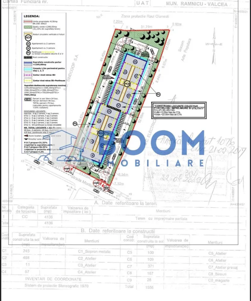 Teren | 4136 MP | Bloc D+P+3+4R+5R - BOOM Imobiliare vă propune spre vânzare un teren intravilan cu suprafața de 4.136 mp, situat în zona centrală a municipiului Râmnicu Vâlcea, într-o arie aflată în plină dezvoltare rezidențială, cu numeroase blocuri finalizate sau în curs de execuție în imediata vecinătate.

Terenul beneficiază de toate utilitățile și are o deschidere stradală generoasă de 36 metri liniari, fiind împrejmuit cu gard zidit. În prezent, proprietatea are destinație industrială, cu hale de producție amplasate, însă reprezintă o oportunitate excelentă pentru dezvoltare rezidențială.

Conform Certificatului de Urbanism, terenul permite realizarea unui imobil tip bloc, cu următoarele caracteristici:

* regim de înălțime: D+P+3+4R+5R
* suprafață construită totală: aprox. 7.000 mp
* suprafață utilă: aprox. 6.000 mp
* demisol destinat parcărilor
* zone de spații verzi și spații de joacă pentru copii

Pentru o mai bună vizualizare a potențialului, este atașată și macheta proiectului propus.

Preț de vânzare: 250 euro/mp + TVA
În cazul achiziției de către persoană juridică, se aplică taxare inversă pentru TVA, conform legislației în vigoare.

Datorită amplasării centrale, suprafeței generoase și parametrilor urbanistici favorabili, această proprietate reprezintă o oportunitate solidă pentru dezvoltatori imobiliari.

Pentru informații suplimentare și detalii complete, vă invităm să contactați BOOM Imobiliare.

id: CP3195738