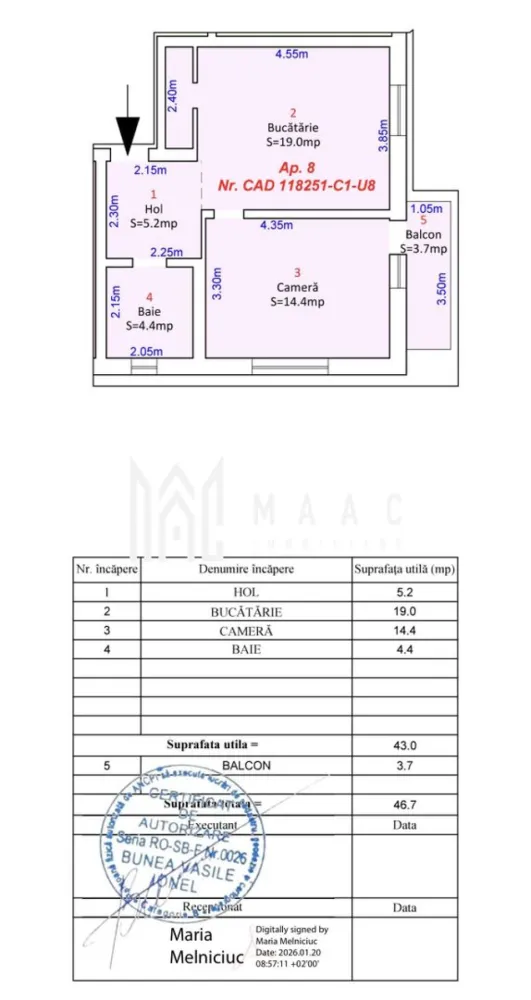 Apartament 2 camere I etajul 1 I Parcare I Selimbar - MAAC Imobiliare vă propune spre vânzare un apartament situat la etajul 1 al unui bloc nou din Șelimbăr,orientare spre Sud, o proprietate potrivită atât pentru locuire, cât și pentru investiție, amplasată într-o zonă aflată în plină dezvoltare, cu acces facil către Sibiu. Apartamentul este amplasat într-un imobil nou și beneficiază de o compartimentare practică, gândită pentru confort și funcționalitate. Locuința este compusă din: -1 dormitoar cu acces direct în balcon -living cu bucătărie open space mobilata partial -baie - hol Imobilul se predă la cheie,baia mobilata utilata Pentru informații suplimentare și stabilirea unei vizionări, menționați că ați văzut anunțul cu ID CP2982060