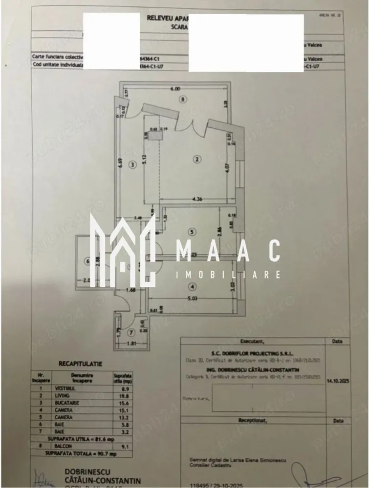 Apartament 3 camere | etaj 1 | bloc nou | - MAAC IMOBILIARE vă propune spre vânzare un apartament deosebit, situat în zona centrală a municipiului Râmnicu Vâlcea, la doar câțiva pași de Parcul Zăvoi și River Plaza Mall. Acest apartament cu 3 camere decomandate este amplasat la etajul 1 al unui imobil modern, cu regim redus de înălțime, dotat cu lift, video interfon, sistem de supraveghere și acces securizat cu barieră. Construit cu materiale premium și finisaje de înaltă calitate, imobilul oferă confort și siguranță la cele mai înalte standarde. Cu o suprafață utilă generoasă de 91,7 mp, proprietatea se remarcă printr-o compartimentare eficientă și spații luminoase, ideale pentru un stil de viață modern. Compartimentare: -Living spațios și luminos cu bucătărie open-space -2 dormitoare confortabile -2 băi moderne -Hol generos -Balcon Apartamentul se vinde complet mobilat și utilat, cu mobilier nou, modern, totul fiind pregătit pentru mutare imediată – alegerea ideală pentru cei care își doresc confort fără investiții suplimentare. Localizare excelentă: poziționat în centrul orașului, cu acces rapid către parc, mall, unități de învățământ, restaurante, farmacii și mijloace de transport în comun. Proprietatea este ideală atât pentru locuință proprie, cât și pentru investiție, datorită cererii ridicate din zonă. Pentru mai multe detalii și programarea unei vizionări, echipa MAAC IMOBILIARE vă stă la dispoziție! CP2987441 }}