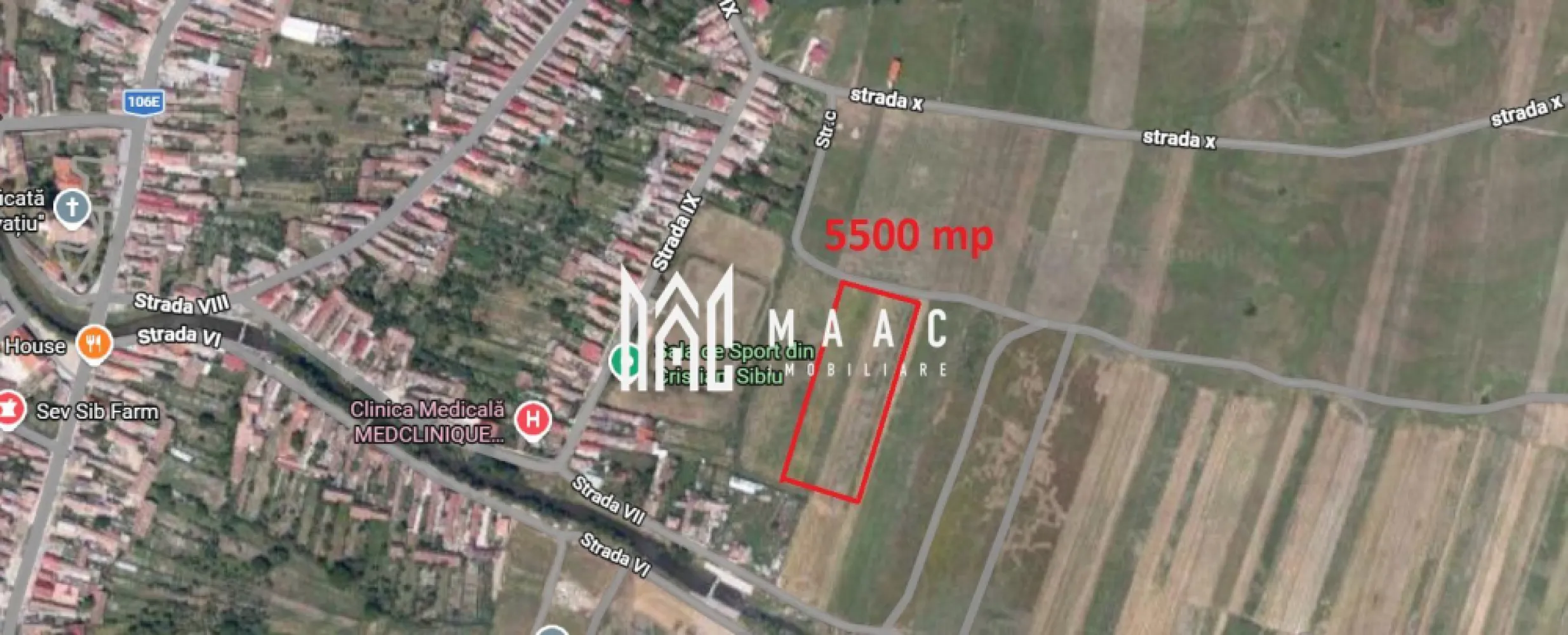 Teren intravilan 5500 mp pretabil case Cristian - MAAC Imobiliare va prezinta spre vanzare un teren intravilan cu o suprafata de 5500 mp, 31ml X 175m, pentru constructie case/vile cu regim de inaltime S+P+1+M , in localitatea Cristian, jud.Sibiu. Pretabil pentru case individuale cat si duplexuri. Detine certificat de urbanism, Lp7 UTR 15Subzona C-in prezent in plina dezvoltare. Acte de proprietate, Extrase CF, Ortofotoplanuri Certificat urbanism Pret de vanzare 45 euro/mp Pentru mai multe detalii specificati ca ati vazut anuntul cu ID: CP2988891 }}