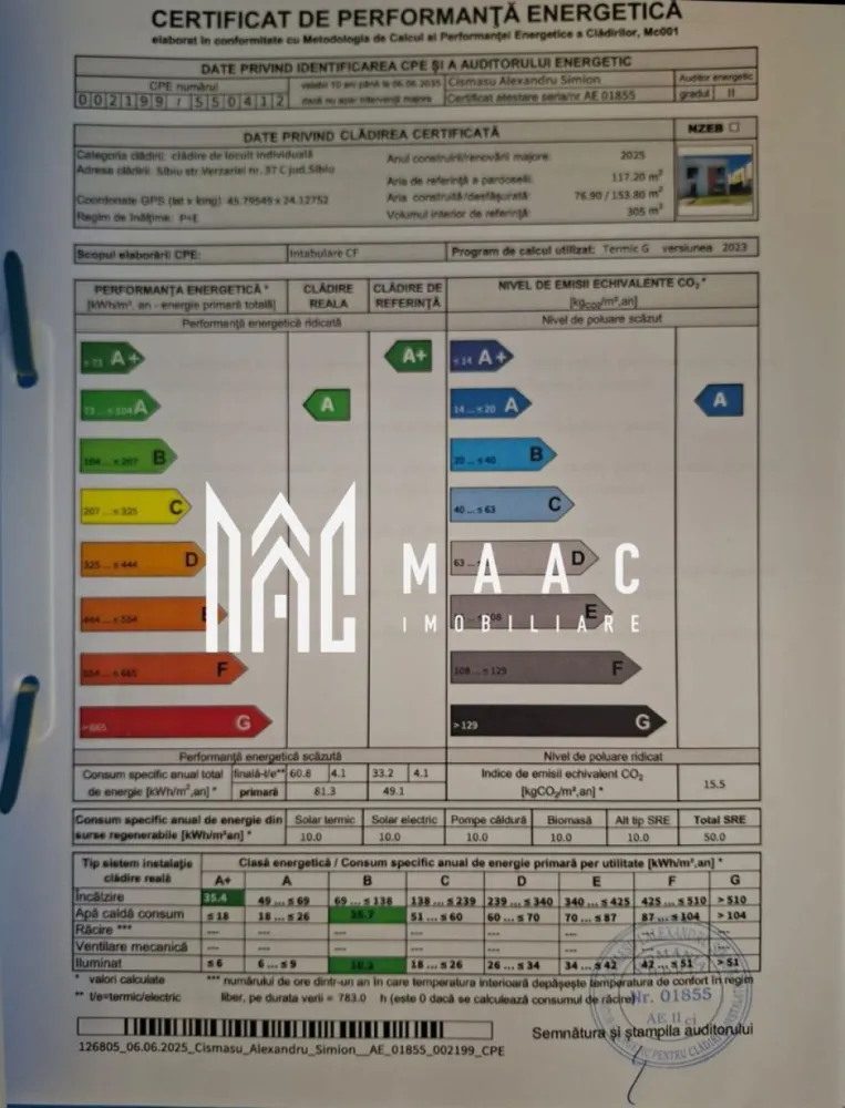 Casă | 153 MPU | Pod 70 MP | Teren 335 MP | Tunișor - MAAC Imobiliare vă propune spre vânzare o proprietate modernă, spațioasă și extrem de bine gândită, situată în Tunișor, la doar 5 minute de centrul orașului Sibiu. Casa este amplasată pe un teren de 335 mp și oferă o suprafață utilă de 153 mp (parter + etaj), la care se adaugă un pod mansardat de aproximativ 70 mp, ideal pentru multiple utilizări Compartimentare Parter • hol generos de acces (12 mp) • living spațios (24 mp) • bucătărie separată (15 mp) • baie (5,6 mp) • spațiu de depozitare Etaj • dormitor matrimonial (17 mp) cu dressing și baie proprie (4,6 mp) • 2 dormitoare (13 mp și 12 mp) • baie suplimentară (4,3 mp) • balcon de 10 mp Pod mansardat (~70 mp) • spațiu versatil, ideal pentru birou, zonă de relaxare, fitness sau depozitare Dotări și construcție • structură din beton armat • zidărie din cărămidă de 30 cm + izolație exterioară • certificat energetic A • ferestre tripan Salamander • acoperiș din țiglă ceramică • încălzire în pardoseală + centrală termică Fondital • instalații electrice și sanitare complet realizate • pregătire pentru aer condiționat și panouri fotovoltaice • priză trifazică (inclusiv pentru mașini electrice) • robineți exteriori cu sistem anti-îngheț Siguranță și tehnologie • sistem de supraveghere video 360° • sistem de alarmă Paradox • interfon • rețea Wi-Fi pe fiecare nivel • panouri de control separate pentru parter și etaj Exterior și facilități • curte amenajată pentru intimitate și relaxare • grădină ideală pentru micro-cultură • terasă • posibilitate de amenajare anexă • spațiu pentru până la 6 autoturisme • porți automatizate Stadiu de predare Casa se predă la stadiul de alb, cu toate instalațiile finalizate și posibilitatea de personalizare completă a interiorului: • finisaje (parchet, gresie, faianță) • uși interioare • obiecte sanitare incluse Această proprietate este ideală pentru cei care își doresc spațiu, confort modern și posibilitatea de personalizare, într-o zonă liniștită și foarte bine conectată. Pentru mai multe detalii sau pentru programarea unei vizionări, vă rugăm să ne contactați și să menționați ID-ul proprietății: CP2985127. }}