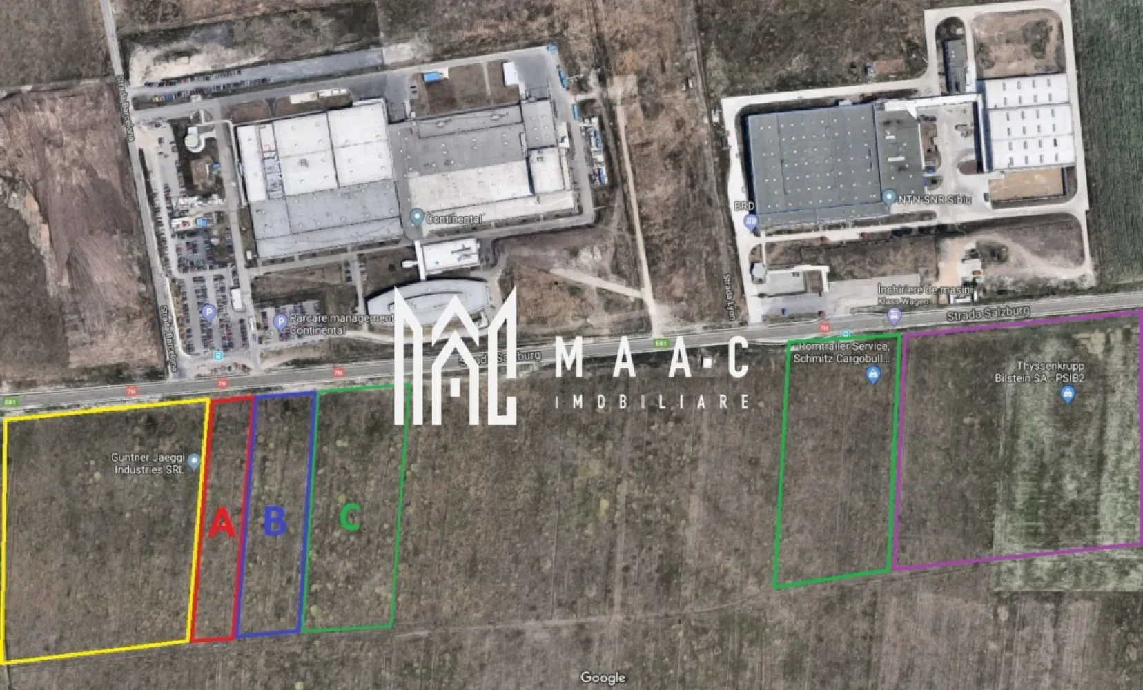 Teren intravilan 14.056 mp | Exterior Vest Sibiu | front 67 m - Teren intravilan de 14.056 mp în zona Exterior Vest din Sibiu, cu front stradal de 67 m și profil industrial, într-un pol deja dezvoltat pentru producție, logistică și servicii industriale.

Detalii proprietate:
• Suprafață teren: 14.056 mp
• Încadrare: intravilan, curți construcții
• Zonă urbanistică IS1 – industrie și servicii, conform Certificatului de Urbanism nr. 65/03.07.2012
• Front stradal: 67 m
• POT maxim: 80%
• Regim de înălțime: hale și depozite P sau P+1; clădiri administrative și birouri P+3/P+4
• Minimum 20% spații verzi amenajate
• Parcaje obligatorii în incintă conform normativelor
• Construcțiile se amplasează la minimum 50 m față de axul drumului național
• Pentru dezvoltare este necesară elaborarea și aprobarea unui PUD
• Alimentarea cu utilități se realizează conform documentațiilor tehnice

Proprietatea beneficiază de acces rapid către DN1/E81, Autostrada A1 și Aeroportul Internațional Sibiu. În vecinătate sunt menționate companii precum Continental, NTN-SNR, Thyssenkrupp Bilstein, Günther Jaeggi Industries și Schmitz Cargobull Service, într-o zonă industrială matură, cu infrastructură deja consolidată.

Pentru detalii urbanistice, documentație și programarea unei vizionări, contactați echipa MAAC Imobiliare și menționați Cod anunț CP3217126.