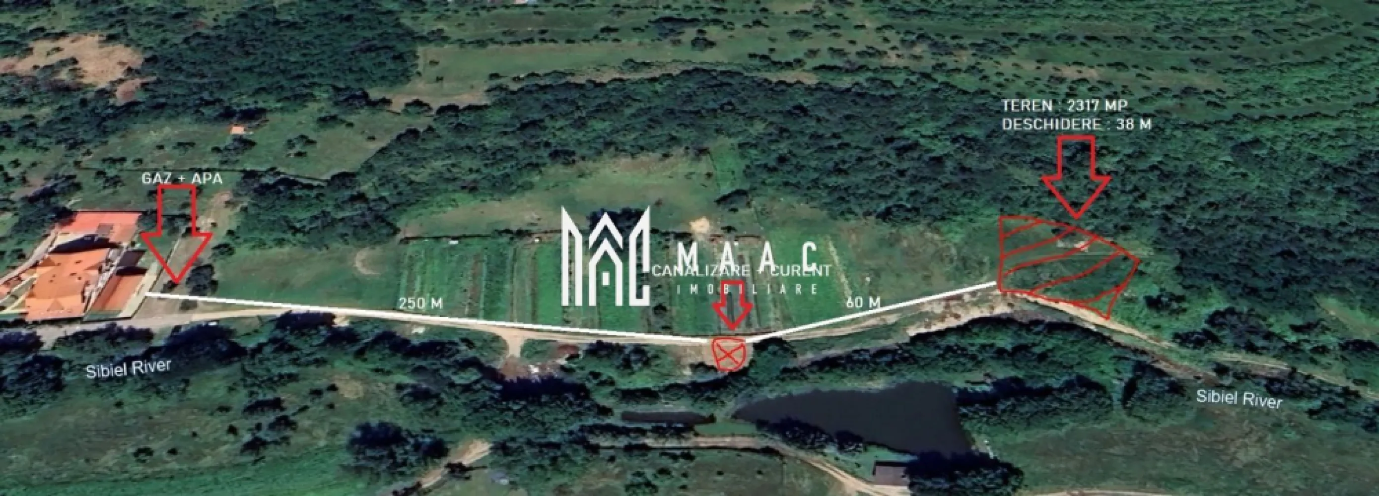 Teren 2317 mp INVESTITIE Sibiel - MAAC Imobiliare vă propune spre vânzare un teren cu suprafața de 2317 mp, situat în Sibiel, pe strada Unghiului, după pensiunea River Chalet, într-un cadru natural deosebit, ideal pentru dezvoltarea unei proprietăți de vacanță sau a unei investiții turistice. Terenul beneficiază de o poziționare privilegiată, având în spate pădurea și în față râul, cu orientare sudică, oferind lumină naturală pe tot parcursul zilei și o perspectivă panoramică asupra împrejurimilor. Locația este potrivită pentru construirea unei cabane, a unei case de locuit sau a unei pensiuni, fiind deja disponibil certificat de urbanism pentru anexe exploatație agricolă. Utilitățile, respectiv curentul electric și canalizarea, sunt disponibile la aproximativ 60 m de teren, facilitând procesul de racordare. -suprafață teren 2317 mp -situat în Sibiel, strada Unghiului, după pensiunea River Chalet -deschidere către râu și pădure în proximitate -orientare sudică -pretabil pentru cabană, casă de locuit sau pensiune -certificat de urbanism pentru anexe exploatație agricolă -utilități (curent și canalizare) la 60 m Pentru mai multe detalii vă rugăm să menționați CP3008646 la telefon. }}