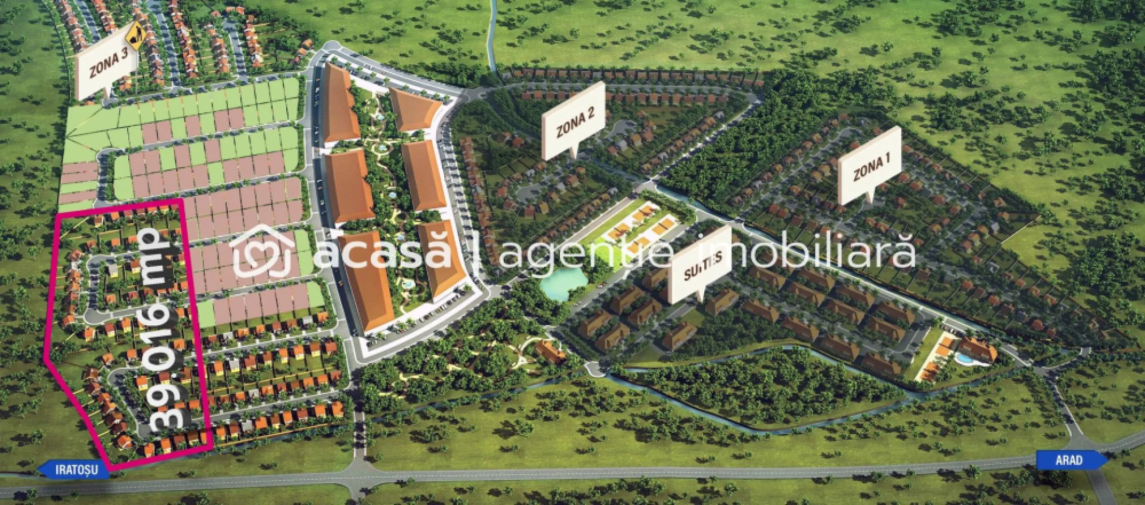 Teren de case lipit de Cartierul Westfield - Agenția imobiliară ACASĂ vă oferă în exclusivitare un teren ideal pentru dezvoltarea unui cartier de case. Terenul este situat pe DJ709 drumul spre Iratoș, lipit de Cartierul Westfield Arad. Zona este deja consacrată pentru dezvoltări rezidențiale, toate utilitățile sunt în proximitate. Conform PUZ-ului se pot construi case cu un regim de înălțime P+1+M la un POT de 40% și un CUT de 1,2. Prețul terenului este acum la doar 20 eur/mp. Pentru vizionare și detalii, apelați 0721356746 }}