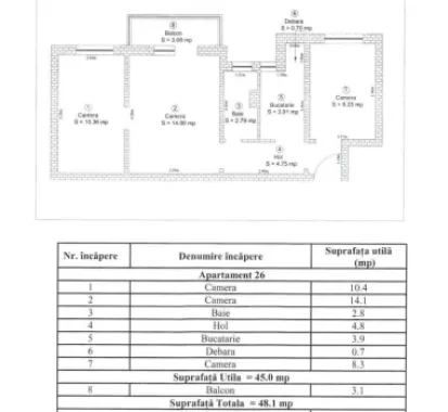 Apartament 3 camere, etaj 1, balcon închis – Aleea Șteaza