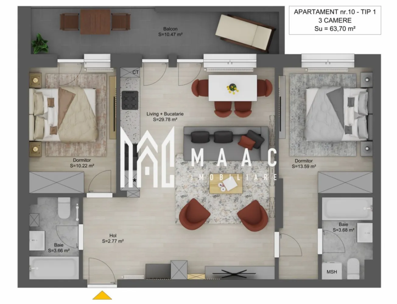 Apartament 3 camere I 64 mp I Sibiu I Doamna Stanca I 2 băi I balcon 10 mp - MAAC Imobiliare vă propune un apartament modern cu 3 camere, situat pe Strada Doamna Stanca, într-o zonă în plină dezvoltare din Sibiu.

Compartimentare:
living + bucătărie: 29,78 mp
dormitor 1: 13,59 mp
dormitor 2: 10,22 mp
2 băi
balcon: 10,47 mp

Apartamentul este bine compartimentat, ideal pentru locuință proprie sau investiție.

Prețuri:
119.200 euro (TVA inclus) – semifinisat
128.800 euro (TVA inclus) – finisat la cheie

Loc de parcare exterior inclus
Opțional: parcare interioară – 10.900 euro

Centrală termică
Apartament racordat la toate utilitățile
Predare la cheie (pentru varianta finisată)
Ansamblu rezidențial nou

Zona Doamna Stanca oferă acces rapid către centre comerciale, magazine, școli și principalele puncte de interes din oraș, fiind una dintre cele mai căutate zone noi din Sibiu.

Pentru mai multe informații sau pentru programarea unei vizionări, vă rugăm să ne contactați și să menționați ID-ul proprietății: CP3048564.