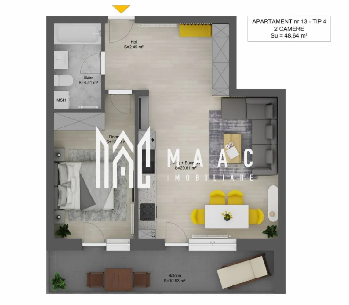 Apartament 2 Camere I Sibiu I Doamna Stanca I Balcon I Parcare Inclusă - MAAC Imobiliare vă propune un apartament modern cu 2 camere, situat pe Strada Doamna Stanca, într-o zonă rezidențială în plină dezvoltare din Sibiu.
Apartamentul este ideal pentru locuință proprie sau investiție, beneficiind de o compartimentare eficientă și spații generoase.

Compartimentare:
living + bucătărie: 29,61 mp
dormitor: 12,03 mp
baie: 4,51 mp
hol: 2,49 mp
balcon: 10,83 mp
Prețuri:
97.500 euro (TVA inclus) – semifinisat
103.700 euro (TVA inclus) – finisat la cheie

Loc de parcare exterior inclus
Opțional: parcare interioară – 10.900 euro
Beneficii:
Centrală termică
Racordat la toate utilitățile
Predare la cheie (pentru varianta finisată)
Ansamblu rezidențial nou

Zona Doamna Stanca oferă acces rapid către centre comerciale, magazine, școli și principalele artere ale orașului, fiind una dintre cele mai căutate zone noi din Sibiu.

Pentru mai multe detalii vă rugăm să precizați telefonic că ați văzut anunțul cu CP3049402.