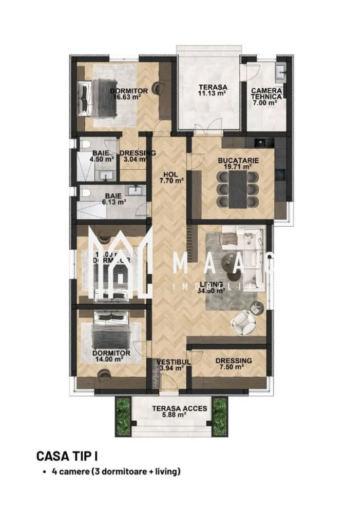 Case de vânzare la cheie - MAAC IMOBILIARE va propune spre vanzare casa de vanzare la cheie 
Residense Manoria este un Residense boutigue formata din doar 6 case individuale, adresat celor care îsi doresc spatiu, liniste si intimitate, departe de aglomeratia ansamblurilor mari. 
Pozitia este unul din din punctele forte, te bucuri de confortul unei case într-o zonă linistita sigură, dar in acelasi timp bine conectată la oras. 
Casele sunt pe parter cu o suprafata utilă de 170 mp, bine compartimente pentru viata de zi cu zi: living generos, bucătărie, 2 băi, dormitor matrimonial, dresing-uri, cameră tehnică, completate de curti private mari. 
Sunt disponibile două variante: 3 camere (2 dormitoare + living) teren 500 mp. 4 camere ( 3 dormitoare + living) teren 700 mp.
 Constructia este realizată cu materiale de calitate si atenție la detalii.
 Izolație exterioară cu vata bazaltica
 Fațada cu piatră naturală + elemente decorative ( ancadramente, panouri decorative, bagaje si cornișe) 
 Tâmplărie Salamander cu geam tripan 4 anotimpuri. 
 Acoperiș Bilka 0.5 mm 
Sistem de încălzire:
 -încălzire in pardoseala cu pompă de căldură. 
 -eficientă ridicata si costuri reduse. 
 instalație electrică moderna cu aparatura Schneider. 
Se poate oferii si consultanta pentru amenajarea interioară astfel încât fiecare locuință să fie adaptata stilului viitorului proprietar 
Casele se vând la cheie.
pentru a programa o vizionare specificati ID CP3040753