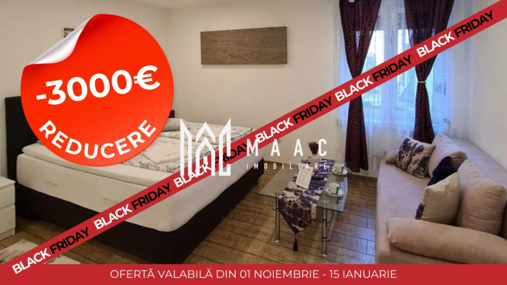 BLACK FRIDAY Garsoniera/ Studio | Investitie | Ultracentral - 🔥 BLACK FRIDAY - Profită de cea mai bună perioadă din an pentru a deveni proprietar! Reducere de 3.000 euro - Pret vechi - 105.000 euro Pret promotional - 102.000 euro MAAC Imobiliare ofera spre vanzare apartament cu 1 camera elegant, complet mobilat si utilat, in zona Ultracentrala (la 1 minut de mers pe jos de inima orasului, Piata Mare). Locuinta se afla la parterul unui imobil izolat si bine pozitionat cu regim de inaltime P+2, este alcatuita dintr-o incapere cu pat matrimonial si canapea extensibila, baie moderna si bucatarie cu toate facilitatile. Se afla intr-o curte comuna cu 4 locatari, avand geam la curte. Langa cafeneaua 5TOGO. Locatia este linistita, primitoare si aranjata modern. Amplasamentul imobilului este unul avantajos, aflandu-se la 5 minute de mers pe jos de spital, centru si Promenada Mall. Locația este dotata cu: - Sistem smart de intrare pe poarta principala cu cod unic si safe separat unde se afla cheile de intrare, pe holul principal. - Saltea Gama Hoteliera Super Ortopedica Memory, Biomedical 180x200 cm - Este o saltea silentioasa, ferma, fara arcuri, având un confort deosebit. - Canapea extensibila 3 locuri cu suprafata de dormit: 144x194 cm - Smart TV si internet. - Cafetiera Tassimo. - Fierbător de apa. - Vesela pentru 4 persoane, tacâmuri, tirbușon, pahare de vin și apă, oale și tigaie, boluri și alte ustensile pt bucătărie - Masina de spălat vase - Plita electrica - Frigider și cuptor cu microunde - Masina de spălat rufe, uscător de rufe automat - Dezumidificator Trotec - Fier de călcat și masă de călcat Apa calda este funizata de un boiler de 100l, incalzirea in locuinta se efectuează prin panourile electrice agatate pe pereti, cu termostat care se controleaza prin aplicație telefon la distanta. De 6 ani funcționeaza in regim hotelier cu mult succes. Pentru mai multe detalii sau pentru a programa o vizionare, va rugam specificati telefonic: CP2786642 }}