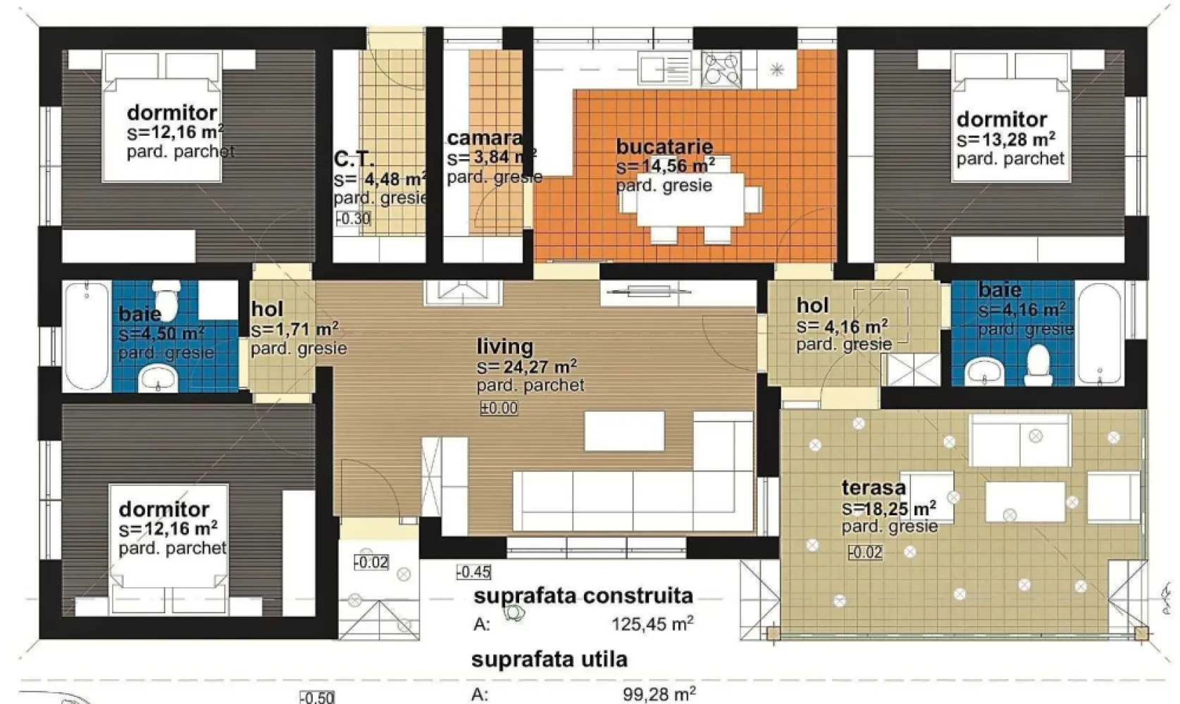 BRASADAS vinde casa noua, parter, zona Cionchesti - Agenția imobiliara BRASADAS vinde case de locuit Parter situate in loc. Cionchesti intr-o zona linistita, foarte cautata in ultima vreme, in cartier nou de case. Locatia este aproape de soseaua de centura a orasului Satu Mare, fiind foarte usor accesibila. Casele dispun de 600 mp teren fiecare, sunt optimizate functional astfel incat sa raspunda si celor mai exigente cerinte. Cu o suprafata construita de 125,00 mp la care se adauga o terasa generoasa de aproape 20 mp, planimetria este compusa dintr-o zona de zi cu living, bucatarie, camara, doua dormitoare cu baie care sa le deserveasca si separat cu acces spre terasa un dormitor matrimonial si cea de-a doua baie. Cu acces din exterior casa dispune de incapere separata pentru centrala termica. Pretul afisat este pentru stadiul la "semi-finisat" Imobilul se preda la stadiul de finisat in exterior si semifinisat in interior (realizat 1 strat glet si sapa de beton) pentru pretul de 83.500 euro Descriere constructiva: - Fundatii continue din beton armat, - Structura din zidarie portanta realizata din caramida cu goluri verticale, termoizolanta, confinata cu elemente de beton armat cu rol antiseismic - Sarpanta de lemn, ignifugata, invelitoare din tigla metalica - Izolatii termice exterioare cu polistiren Austrotherm anti foc EPS80 + extrudat XPS in zona golurilor pentru ferestre si usi - Izolatii termice in zona de pod cu vata minerala 15 cm grosime, si polistiren extrudat la pardoseala de sub cota +/-0.00 - Incalzire in pardoseala - Tamplarie din PVC Rehau cu geam termoizolant, colorate (int+ext) aspect gri antracit. Lucrarile de executie sunt bine documentante inclusiv cu fotografii, respectand cu strictete normativele romanesti si europene privind executia cladirilor.