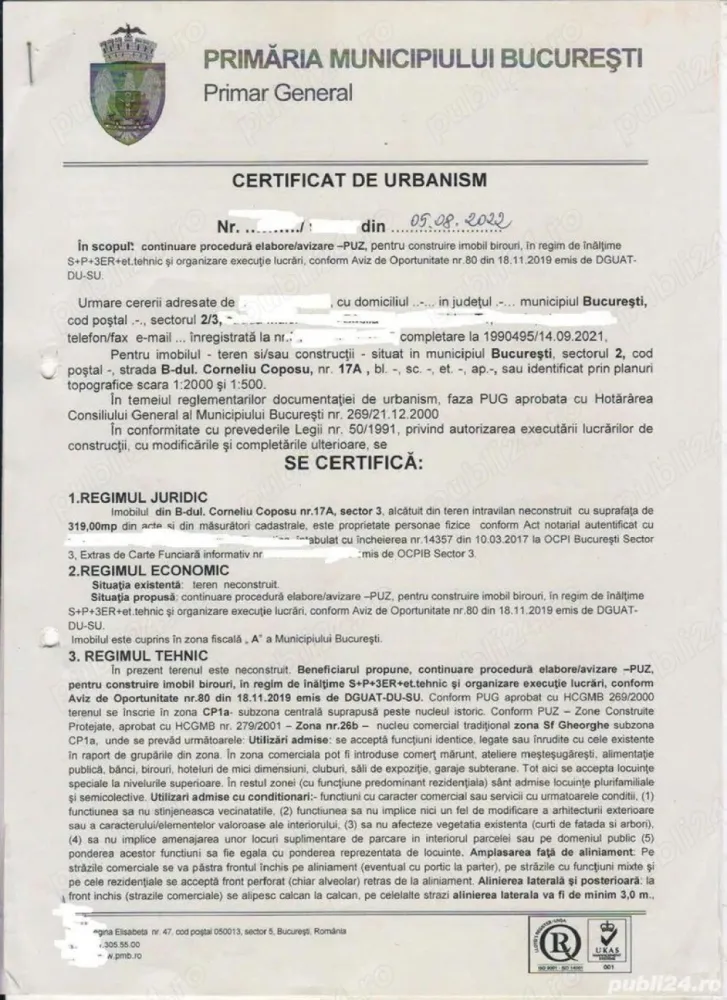 Teren constructii ultracentral de vanzare - Anunț de vânzare teren: Ultracentral, Corneliu Coposu 17 A Oportunitate rară în inima orașului! Oferim spre vânzare un teren liber pentru construit, de 320 mp situat într-o locație ultracentrală, pe strada Corneliu Coposu nr. 17 A. Această proprietate unică oferă un potențial vast pentru dezvoltare și investiții într-unul dintre cele mai căutate cartiere din oraș. Detalii despre proprietate: Suprafață: 320 metri pătrați Deschidere: 30,45m Localizare: Ultracentral, strada Corneliu Coposu nr. 17 A Acces facil la toate facilitățile și serviciile din oraș Potențial de construcție pentru rezidențial, comercial sau mixt Caracteristici suplimentare: La 300m de Magazinul Unirii, la 70m de P-ta Sfanta Vineri. Acces la utilități (apă, gaz, electricitate, canalizare) Potențial de dezvoltare pentru rezidențial, birouri sau spații comerciale Investiție strategică într-o zonă cu creștere continuă a valorii imobiliare Preț și modalități de contact: Pentru informații suplimentare despre acest teren de vânzare sau pentru a programa o vizionare, vă rugăm să ne contactați ! Această oportunitate este ideală pentru cei care caută să investească într-o proprietate cu potențial mare de dezvoltare într-o locație centrală și căutată. Nu ratați șansa de a achiziționa acest teren unic!