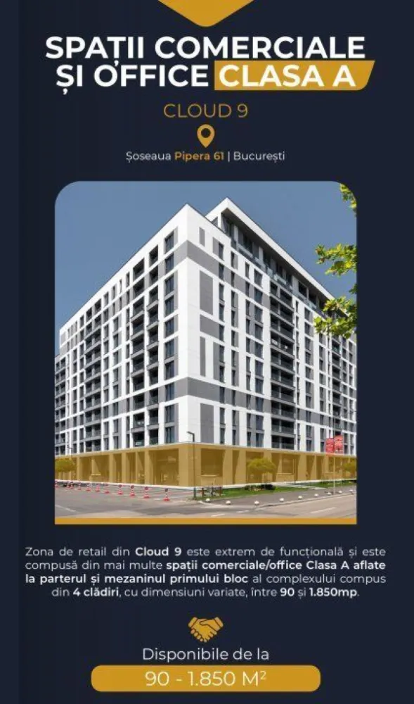 BRASADAS închiriază Sp Com/Office 300mp Cloud9 Pipera, - Agenția BRASADAS închiriază Spatiu comerciale/office disponibil imediat, situat in galeria de retail a ansamblului Cloud 9, finalizat in 2023. Cu deschidere directa la Soseaua. Pipera, galeria este compusa din mai multe spatii comerciale/office Clasa A aflate la parterul si mezaninul primului bloc al complexului compus din 4 cladiri. 41 de locuri de parcare disponibile. Aproape de metrou  Aurel Vlaicu(600m), ideal pentru acces facil in zona de business din Nordul Bucurestiului, mall Promenda, etc. Multiple cai de acces, aviz ISU, personalizare la cerere. Alti chiriasi in complex: retail - Carrefour, mobilier premium - Rimadesio, beauty. Peste 2000 de apartamente pe o raza de 300 metri si  peste 10.000 de apartamente in dezvoltare.  Trafic auto intens. Fotografiile reprezinta sugestii de amenajare. Pentru mai multe oferte accesați www.brasadas.com