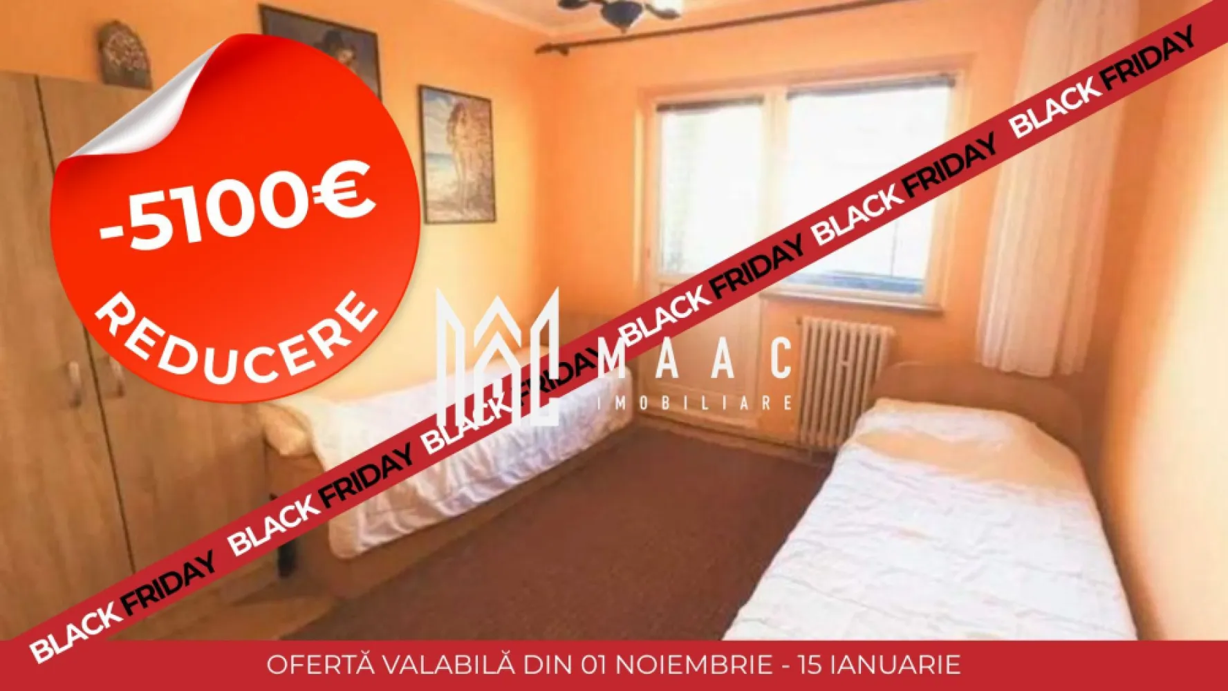 BLACK FRIDAY I Apartament 4 Camere I Decomandat I Rahovei - BLACK FRIDAY - Profită de cea mai bună perioadă din an pentru a deveni proprietar! Reducere de 5.100 euro Pret vechi - 135.000 euro Pret promotional - 129.900 euro Proprietate ideală pentru locuit sau investiție, situată la etajul 3 dintr-un bloc cu 4 etaje, poziționat în mijloc (fără colțuri), într-un imobil solid, termoizolat integral, cu acoperiș refăcut (fără mansardă) și doar 10 familii în întreaga scară – câte 2 pe etaj. Un bloc curat, liniștit, cu vecini civilizați. Compartimentare Suprafață utilă:75 mp 3 camere bine proporționate 2 balcoane (orientare est-vest: lumină naturală toată ziua) 1 baie aerisită natural Bucătărie separată Pivniță inclusă Geamuri termopan integral Uși interioare și ușă de intrare schimbate Parchet din lemn masiv (fag) Centrală termică proprie Apartamentul este complet izolat Beneficii suplimentare: Bloc călduros, cu întreținere redusă Spațiu verde în jur, iluminat stradal modern Alei și parcări recent amenajate Posibilitate de parcare în fața blocului sau loc supravegheat video (contra cost) Vecinătate liniștită, cu acces rapid către toate facilitățile Localizare excelentă: Piața Rahovei – zonă retrasă de la trafic, dar centrală La doar 2 minute de: piață agroalimentară, școală, Carrefour Market, Clinica Cedonia, biserică Acces rapid către Bulevardul Mihai Viteazul 10 minute pe jos până la Lidl, Dedeman 20 minute până la Promenada Mall Transport public în toate direcțiile – stații foarte apropiate Pentru mai multe detalii, precizați telefonic că ați văzut anunțul cu ID:CP2779276 }}
